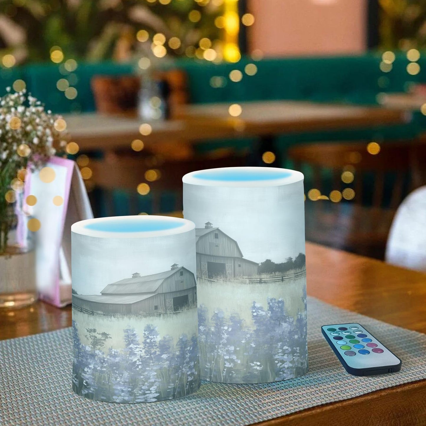 WEVIBOFU Farmhouse Landscape Wildflowers Barn Windmill Flickering Flameless Candles LED Battery Operated with Remote Timer Pillar Candles for Home Birthday Wedding Christmas Decor, Set of 2