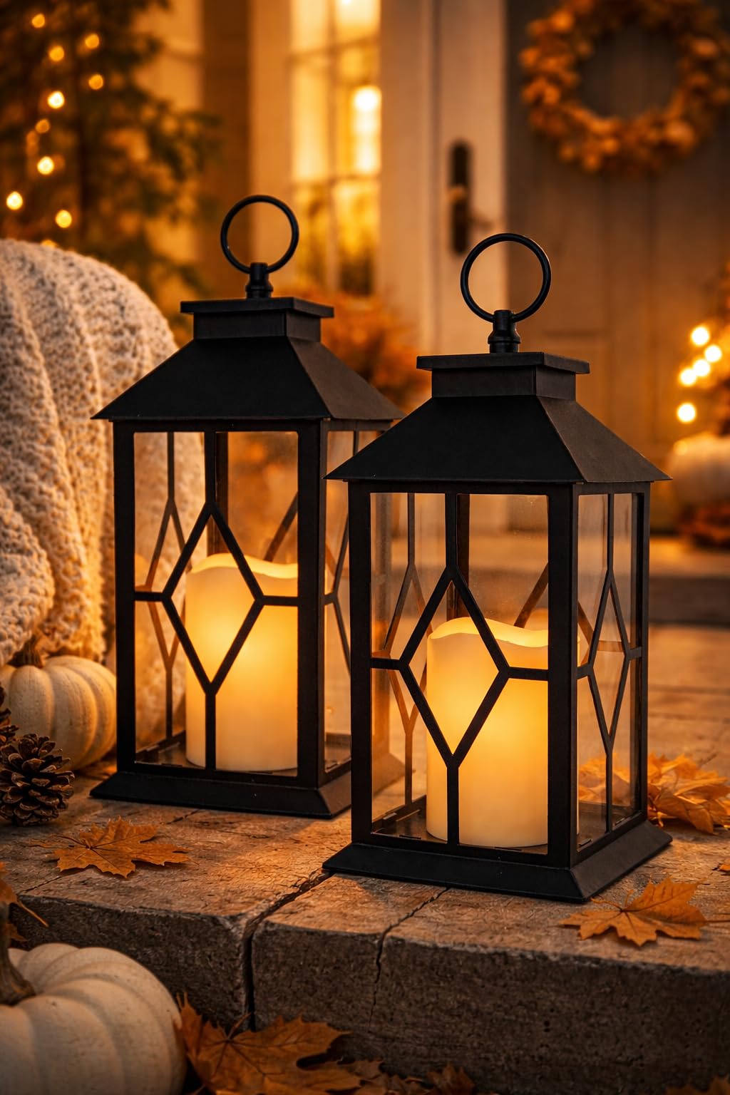 Decorative Black Lanterns Set of 2 with LED Flameless Candles, Remote & 4 Hour Timer, Indoor Outdoor Lantern Decor, Hanging or Tabletop Lighting, 13 Inch Tall