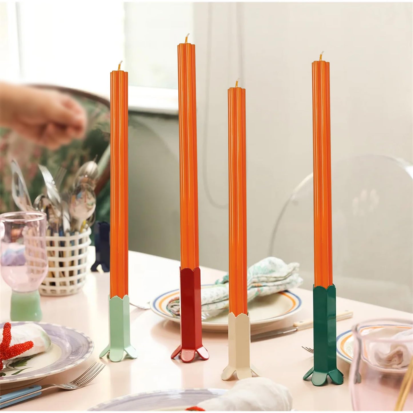 Unscented Taper Candles Dripless Long Orange Taper Candles Smokeless 10 Inch Roman Column Design Dinner Candlesticks for Home Decoration Holiday Gifts