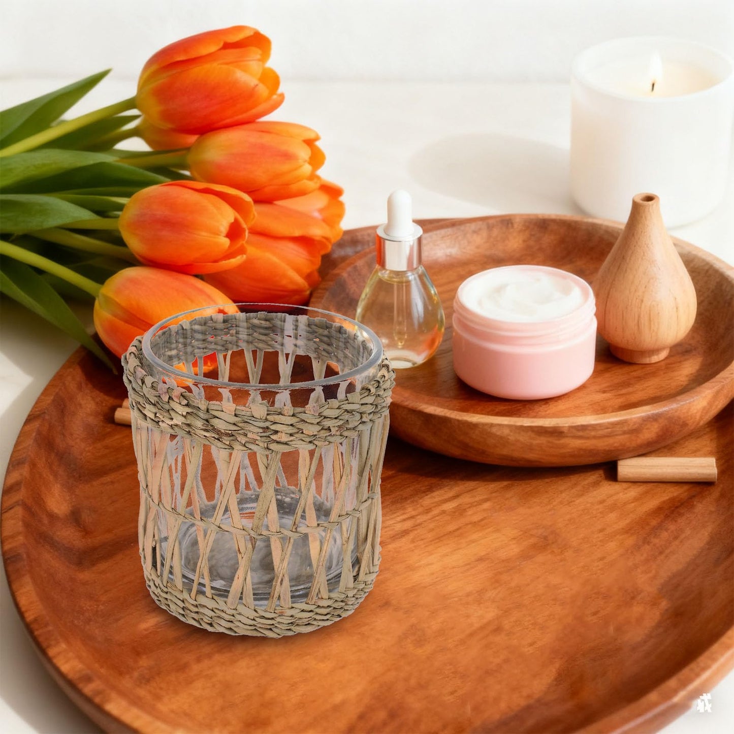 MAGICLULU Glass Tea Light Candle Holder Cups 7cm Diameter, Handwoven Straw Cylinder Votive Holders for Dining Room Table Centerpiece and Home Decor