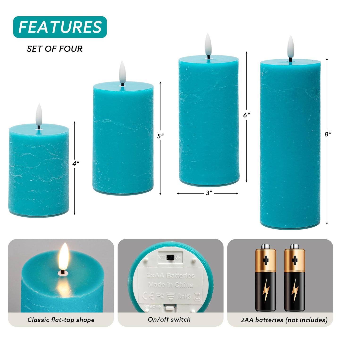 AFINETH Teal Flameless Pillar Candles, Battery Operated Candles with Remote, Real Wax Flickering LED Candles for Home Party Wedding Holiday Decor, Set of 4, Φ 3" H 4" 5" 6" 8"