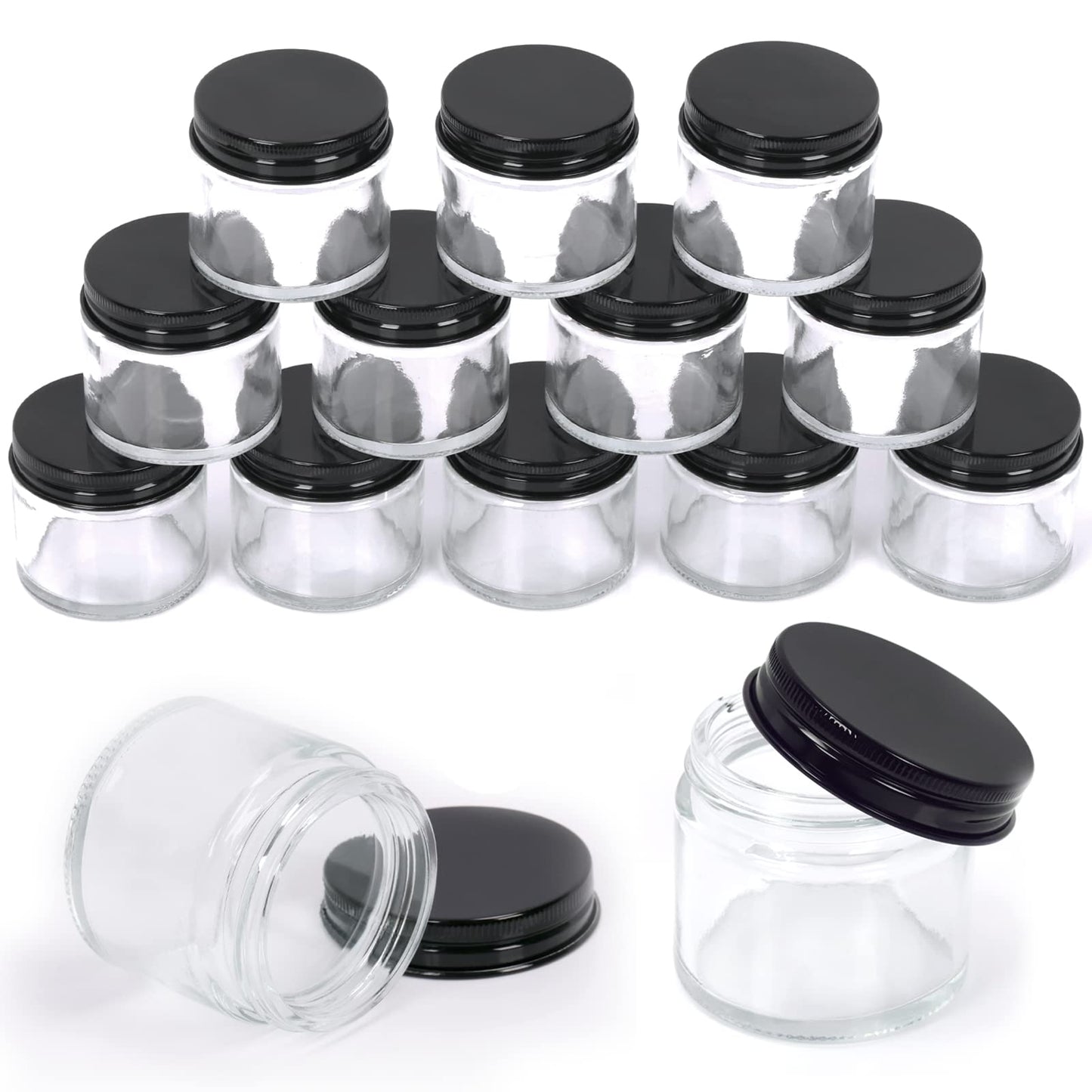 Swpeet 15 Packs 2 oz - 60ML Transparent Glass Jar with Black Lid Assortment Kit, Round Containers Cosmetic Glass Jars with Lids Travel Jars Cosmetic Containers for Cream, Lotion