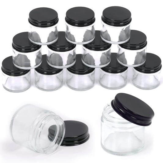Swpeet 15 Packs 2 oz - 60ML Transparent Glass Jar with Black Lid Assortment Kit, Round Containers Cosmetic Glass Jars with Lids Travel Jars Cosmetic Containers for Cream, Lotion