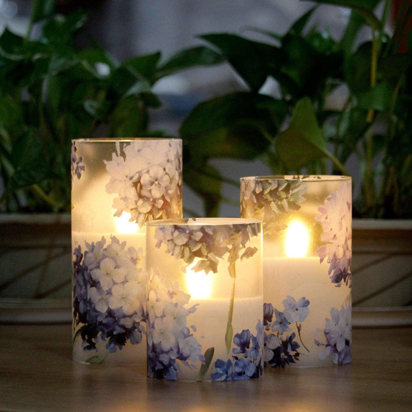 FLAVCHARM Floral Flameless Candles Decorative Battery Operated with Remote Hydrangea Flowers Romantic Lovers Flickering Pillar Candles for Wedding Tray Centerpiece Home Decor