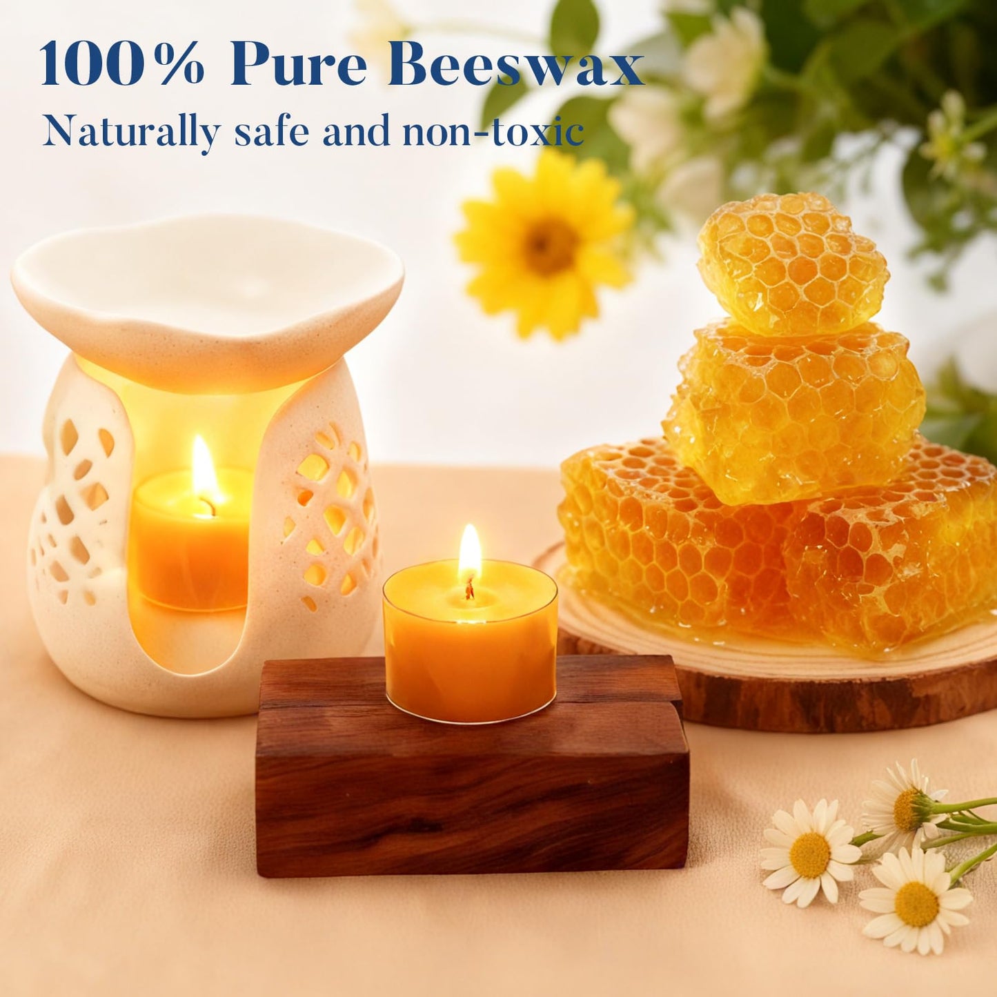 Crenovo Tea Lights Beeswax 24 Pack, 8-Hour 100% Pure Bees Wax Tealight Candles, Smokeless Unscented Votive Cup Candles for Home Spa Meditation Relaxation