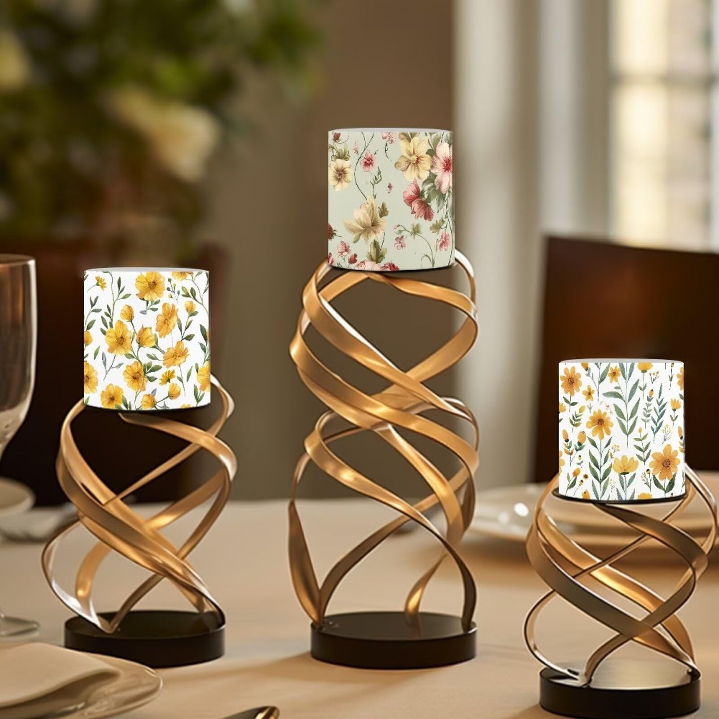 NETILGEN Yellow Floral Print Flameless LED Candles with Remote Timer Control Set of 4 Home Decorative Realistic Flickering Flameless Candles with Battery Powered