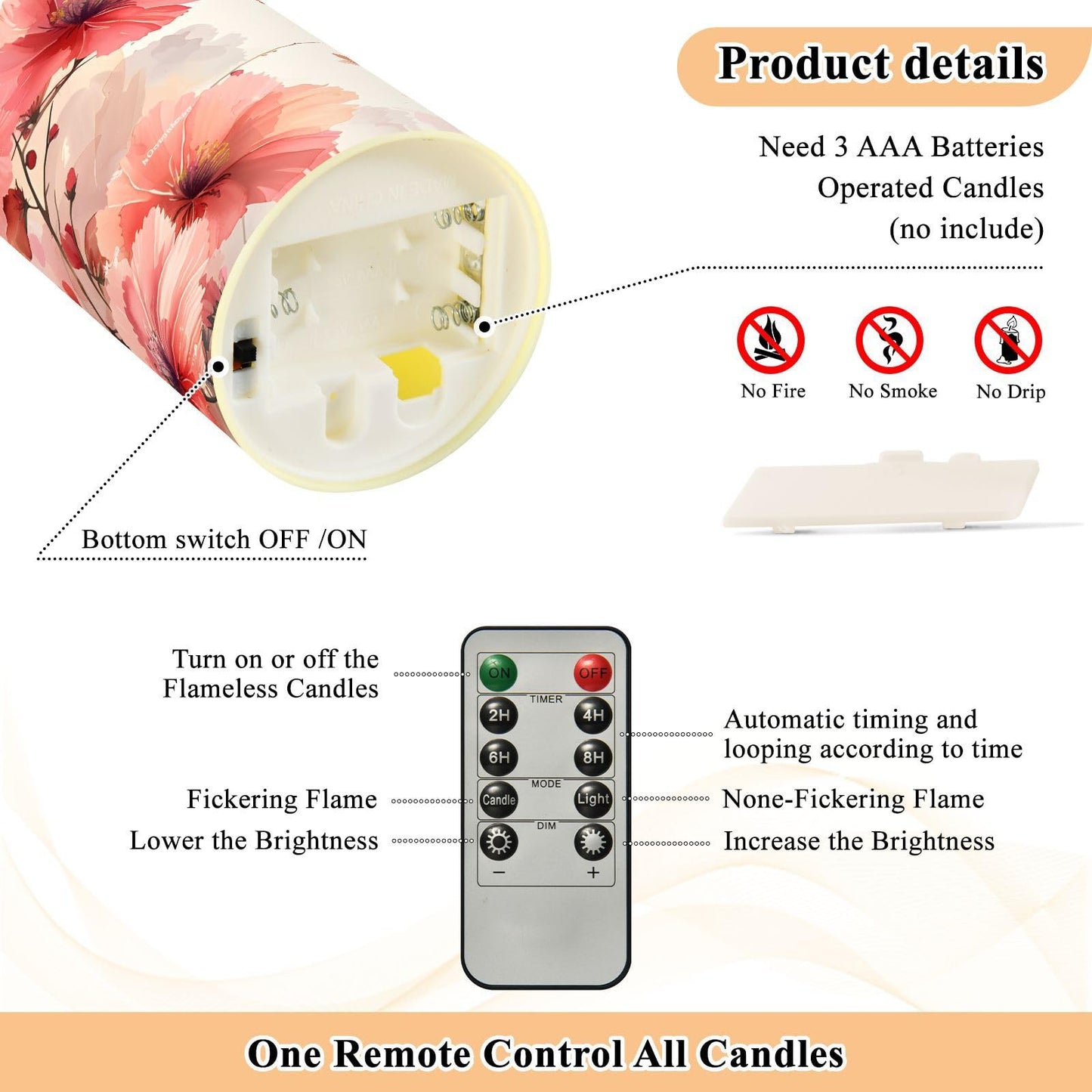 ALAZA Leaves Red White Flower Flickering Flameless Candles Battery Operated with Remote Timer,Tea Light Candles LED Pillar Votive Set of 2 for Outdoor Indoor Decorations 3" x5.9"