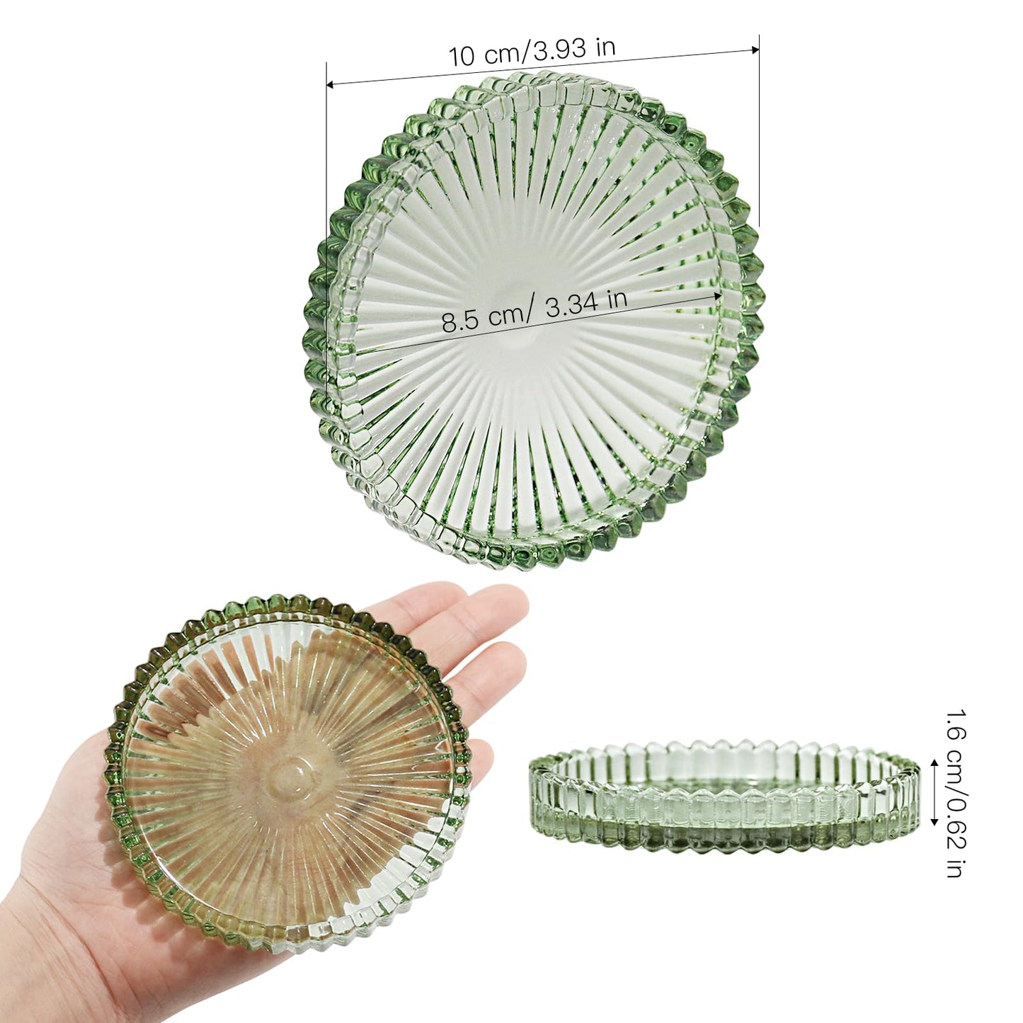 CHOCSTAY Glass Pillar Candle Holder, 4" Green Candle Plates Set of 3, Glass Candle Holders for Wedding, Party, Holiday, Home Decor, Table Centerpiece