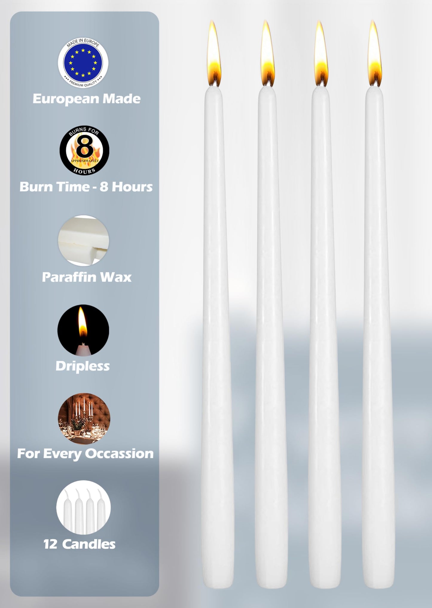 Hyoola 12 Pack Tall Taper Candles - 10 Inch White Dripless, Unscented Dinner Candle - Paraffin Wax with Cotton Wicks - 8 Hour Burn Time