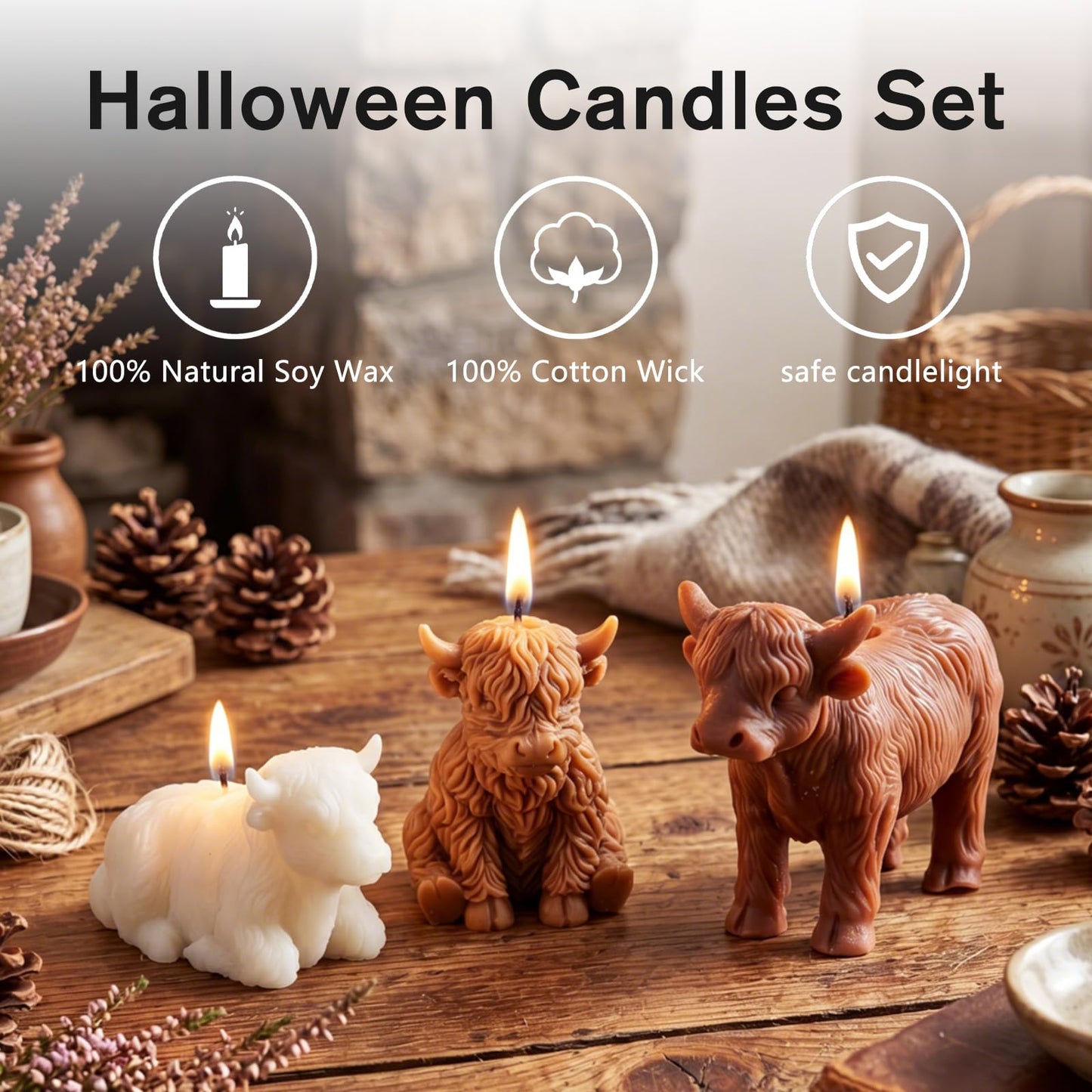 Nuanchu 3 Pcs Highland Cow Candles Decoration Handmade Farm Animal Candle Cute Scottish Cow Lovers Gift Scent Farmhouse Rustic Animal Candle Mantel Table Centerpiece Spring Home Decoration