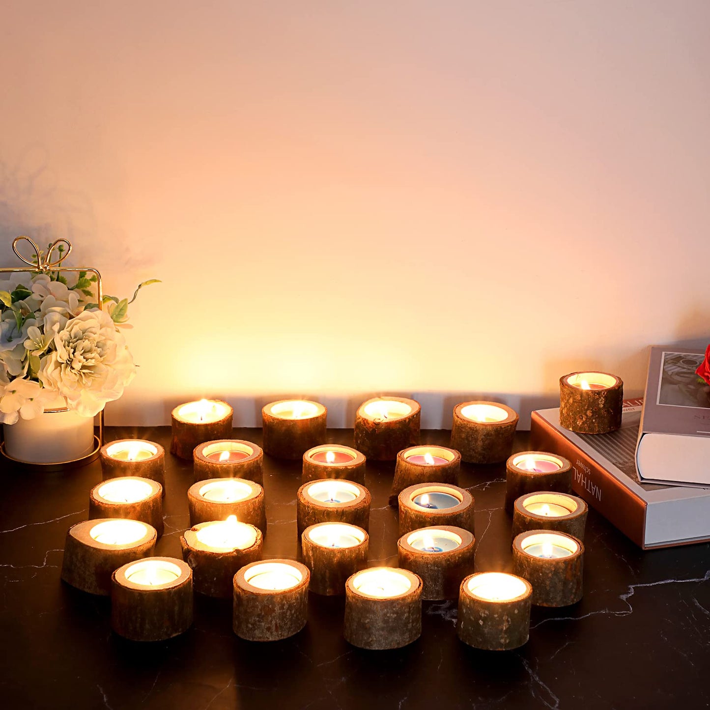OwnMy Set of 24 Wooden Tea Light Candle Holders Votive Candle Holders, Rustic Wooden Pillar Candle Stands Vintage Tealight Holders Set Candle Centerpieces for Dining Table Wedding Party, 1.6" H