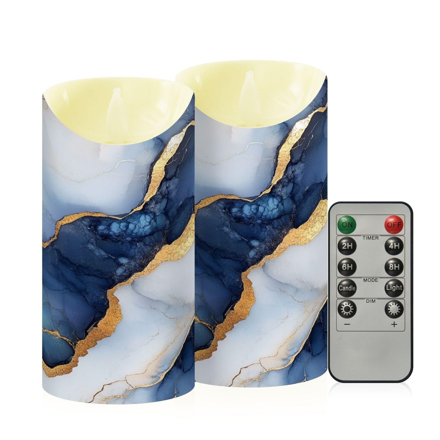 famyily Pillar Flameless Candles Set of 2 Battery Operated Candles for Living Room 5.9x3in - Marble White Navy Blue