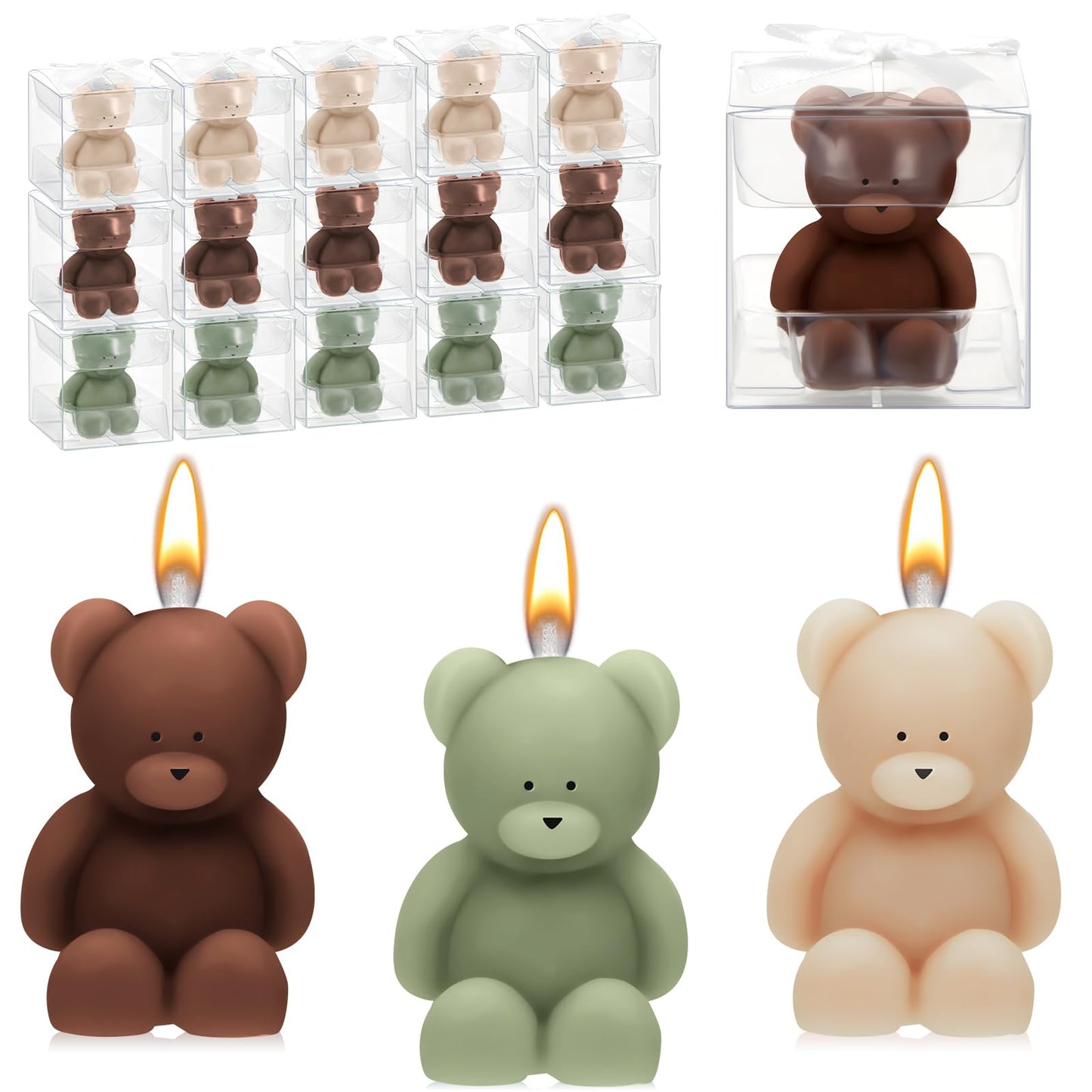 Dansib 50 Pcs Bear Baby Shower Candle Favors for Guest Bear Party Favors Baby Shower Candles Bulk for Gifts Party Decorations (Light Brown,Dark Brown,Green)