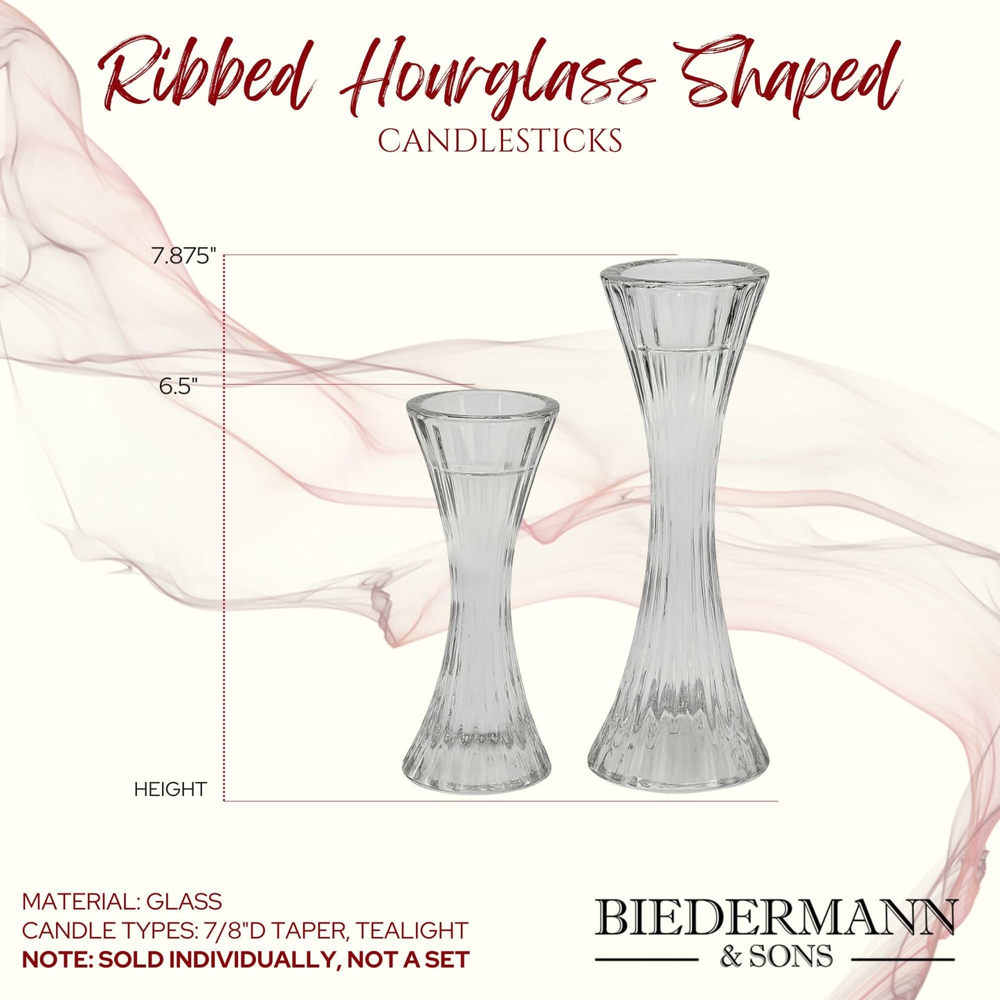 Biedermann & Sons Ribbed Hour-Glass Shape Tealight and Taper Candle Holders, Clear - 6.5 Inch Tall