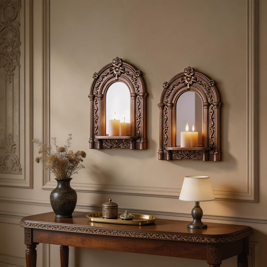 sxnzequnze 2 Set Vintage Candle Wall Sconce for Home Decor Living Room Bedroom Office Wood Antique Mirrored Victorian Mounted Candlestick Wall Holder Relief Hanging Decor -Brown 11.8in