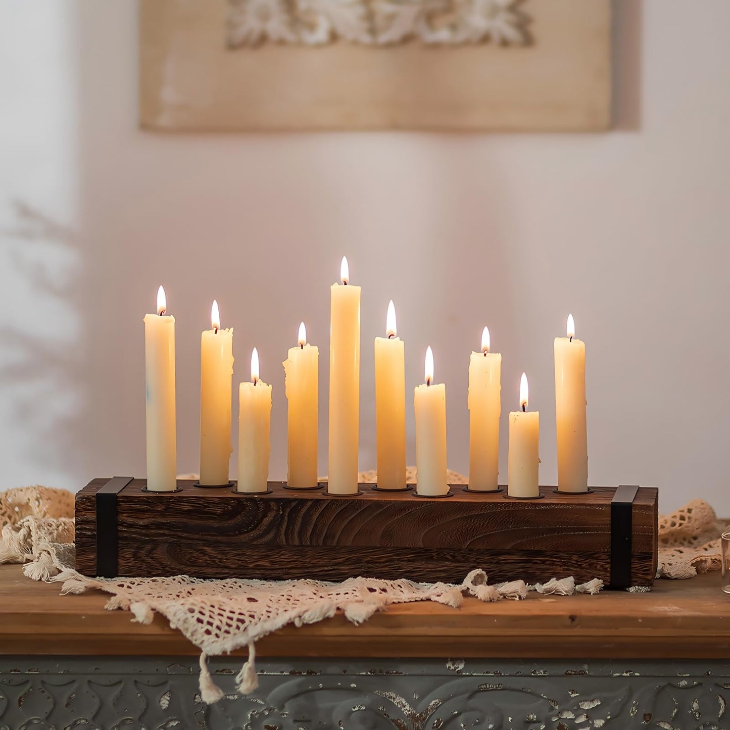 NUPTIO Wood Candelabra for Table Centerpiece: 16.5 inch Long Taper Candle Holder - Farmhouse Candlestick Holder for Christmas Home Dining Living Room Fireplace Decor