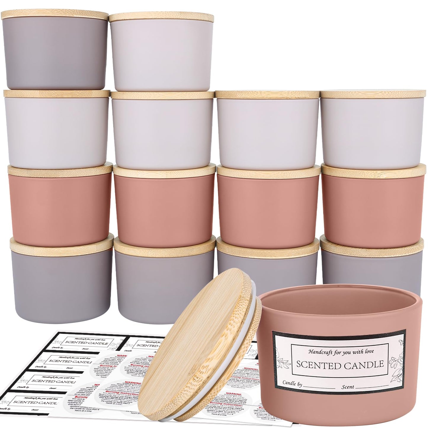 CONNOO 15 Pack 4oz Spring Glass Candle Jars with Airtight Bamboo Lids for Making Candles, Bulk Small Wide Mouth Empty Candle Containers with Sticky Warning Labels - Dishwasher Safe
