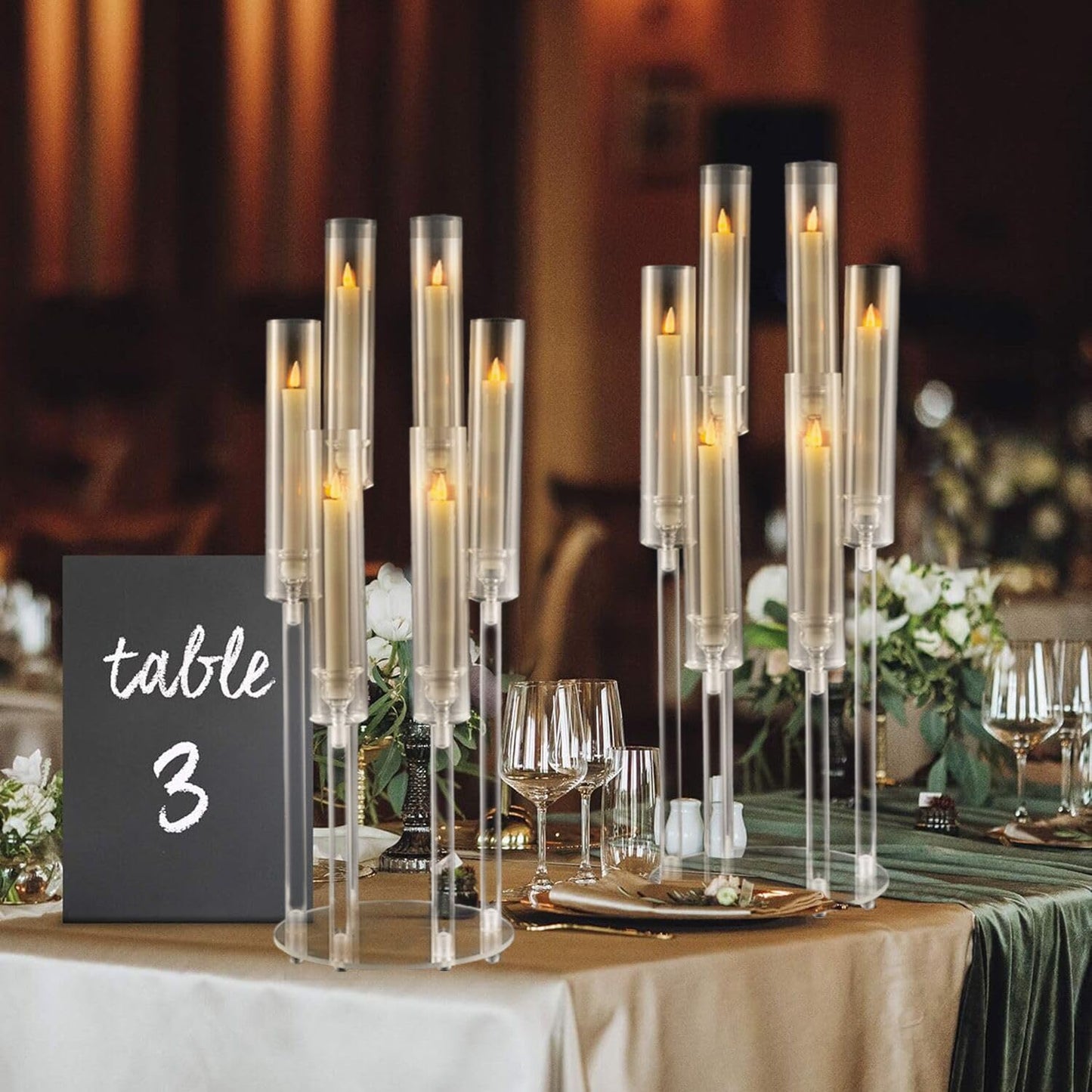 2pcs 6 Arm Acrylic Candle Holder with Round Base for LED Candles - Different Heights for Elegant Decor