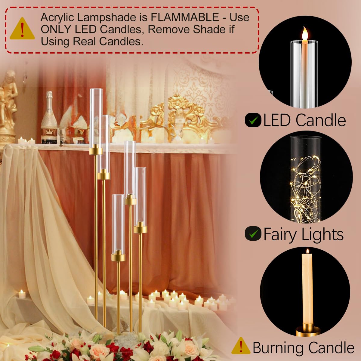 2PCS Gold Floor Candelabra,5 Arm Candle Holder Tall Floor Candle Holder with Acrylic Lampshade for Wedding Table Birthday Party Home Decoration Fit LED Taper Candles