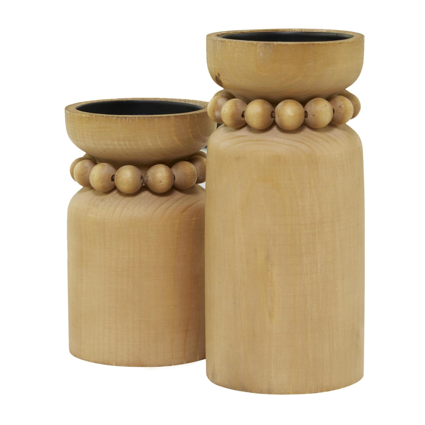 Deco 79 Wood Decorative Candle Holder Beaded Pillar Candle Stand, Set of 2 Candlestick Holder 8", 6"H, Brown
