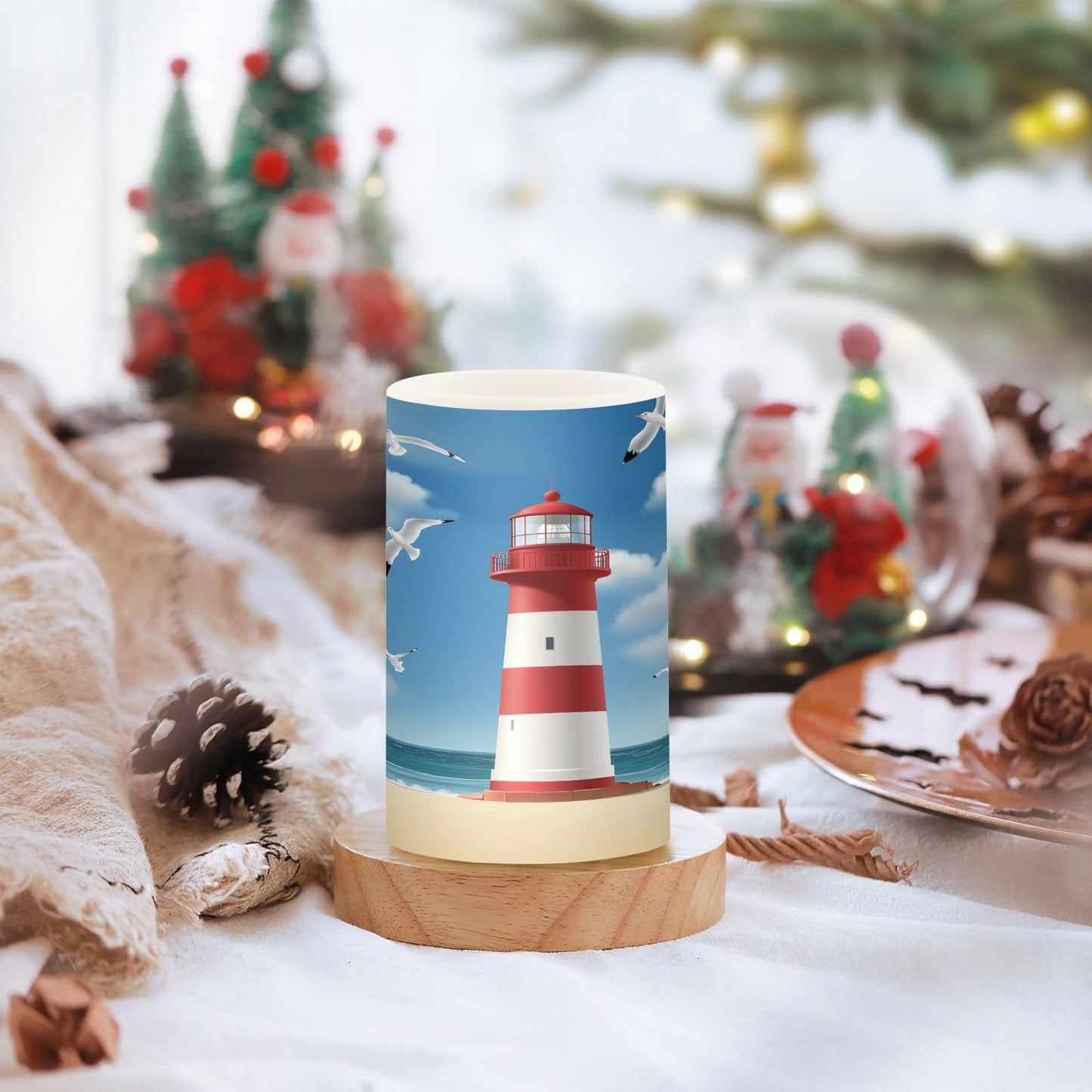 WEVIBOFU Lighthouse Seagull Beach Flickering Flameless Candles LED Battery Operated with Remote Timer Pillar Candles for Home Birthday Wedding Christmas Decor, Set of 2