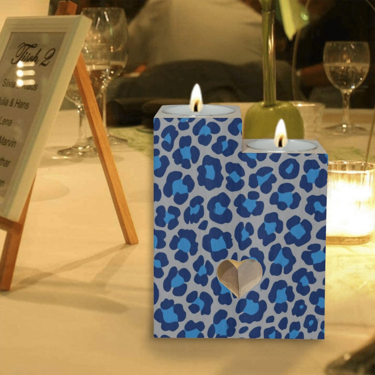 pnyoin Animal Skin Blue Black Candle Holders Gift for Women Wooden Heart Candlestick Personalized Christmas Birthday Graduation Friendship Gifts Home Wedding Dinning Party Decorative