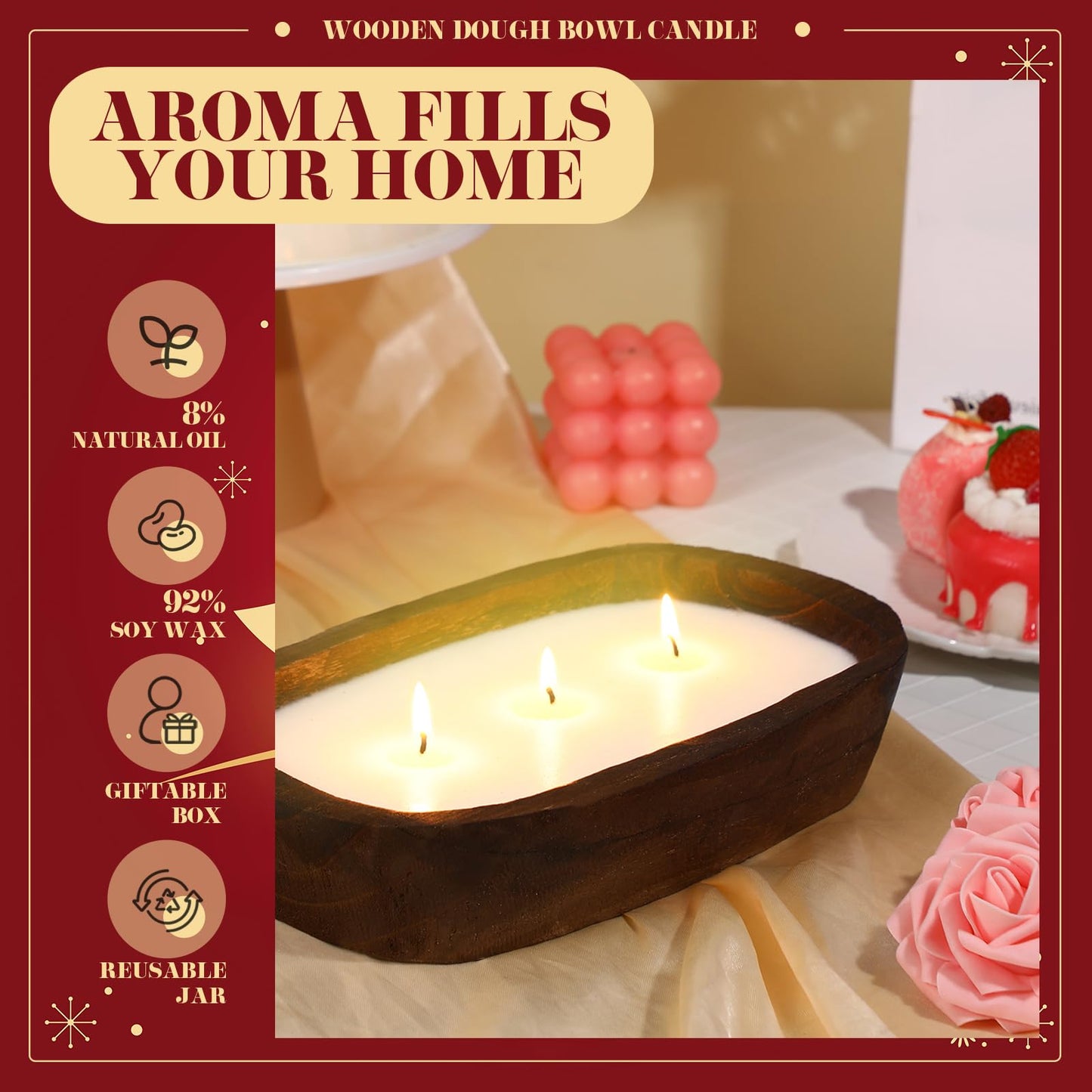 Threlaco 1 Pack 10 Inch Wood Dough Bowl Candles Home Rustic Dough Bowl Soy Candle 3 Wick Scented Candles Gifts for Men Women Farmhouse Table Centerpiece Home Decor for Christmas(Apple Cinnamon)
