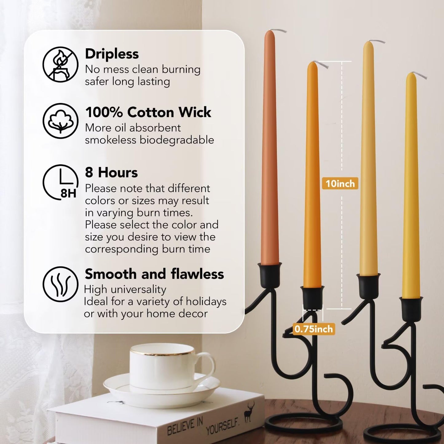 Pickood 10-Inch Unscented Dripless Taper Candles - Fall Taper Candles Bulk 12 Pack for Dinner - Smokeless, 6-8 Hour Burning - Mixed Candlesticks - Burgundy, Caramel, Blaze, Ochre