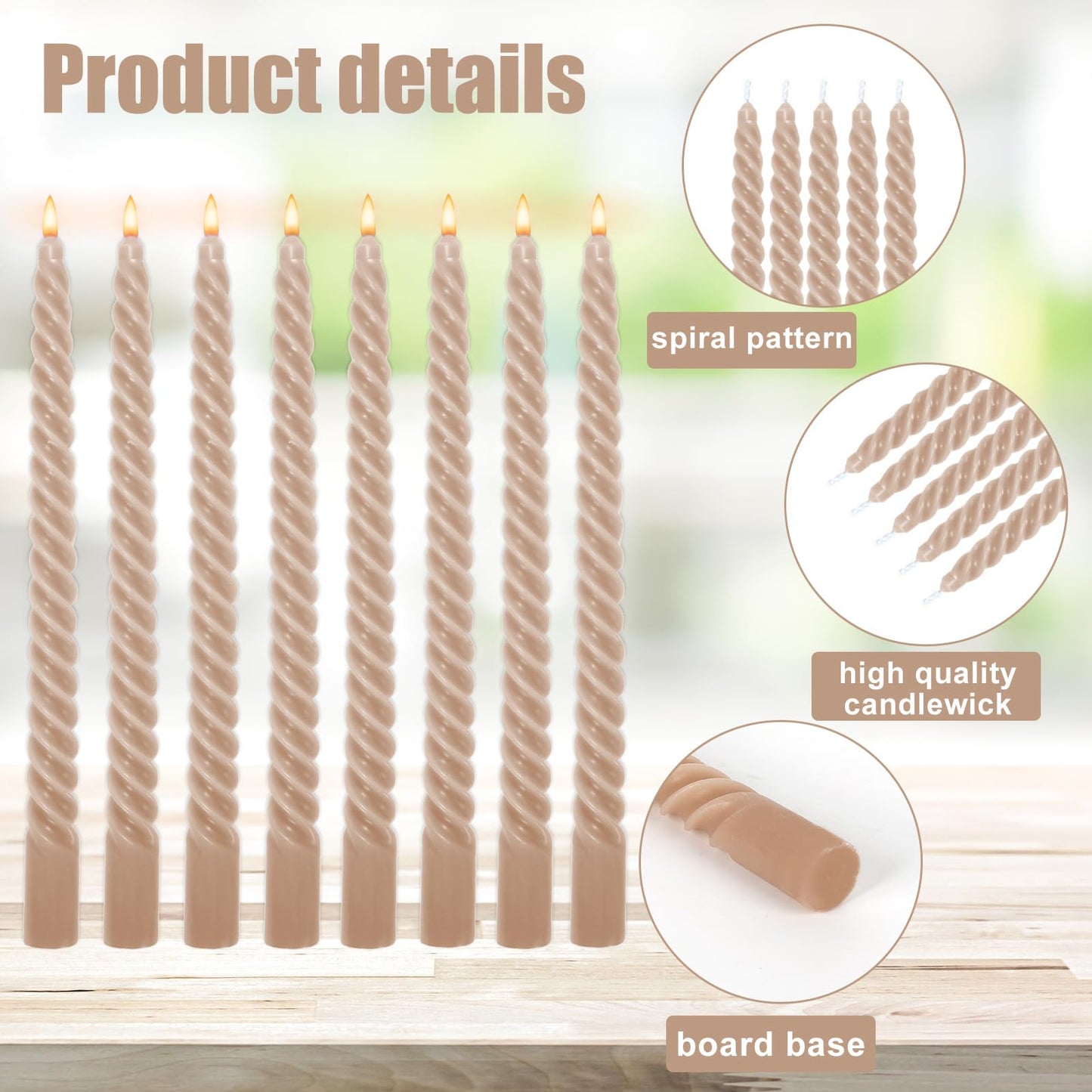 Whaline 8 Pcs 10 Inch Sahara Beige Spiral Taper Candles Dripless Twisted Wax Candles Long Unscented Candlesticks for Wedding Holiday Celebration Home Party Dining Table Supplies