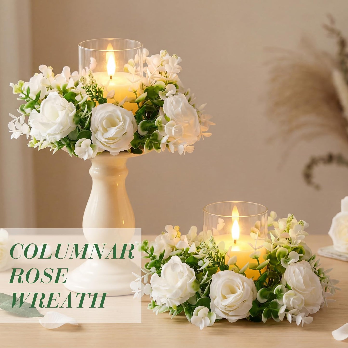 Yunlly 4 Pcs White Rose Candle Wreaths Rings Roses and Green Leaves Candle Holder Rings with LED Flameless Candles, 9.5" Wide for Wedding Windows Table Centerpieces