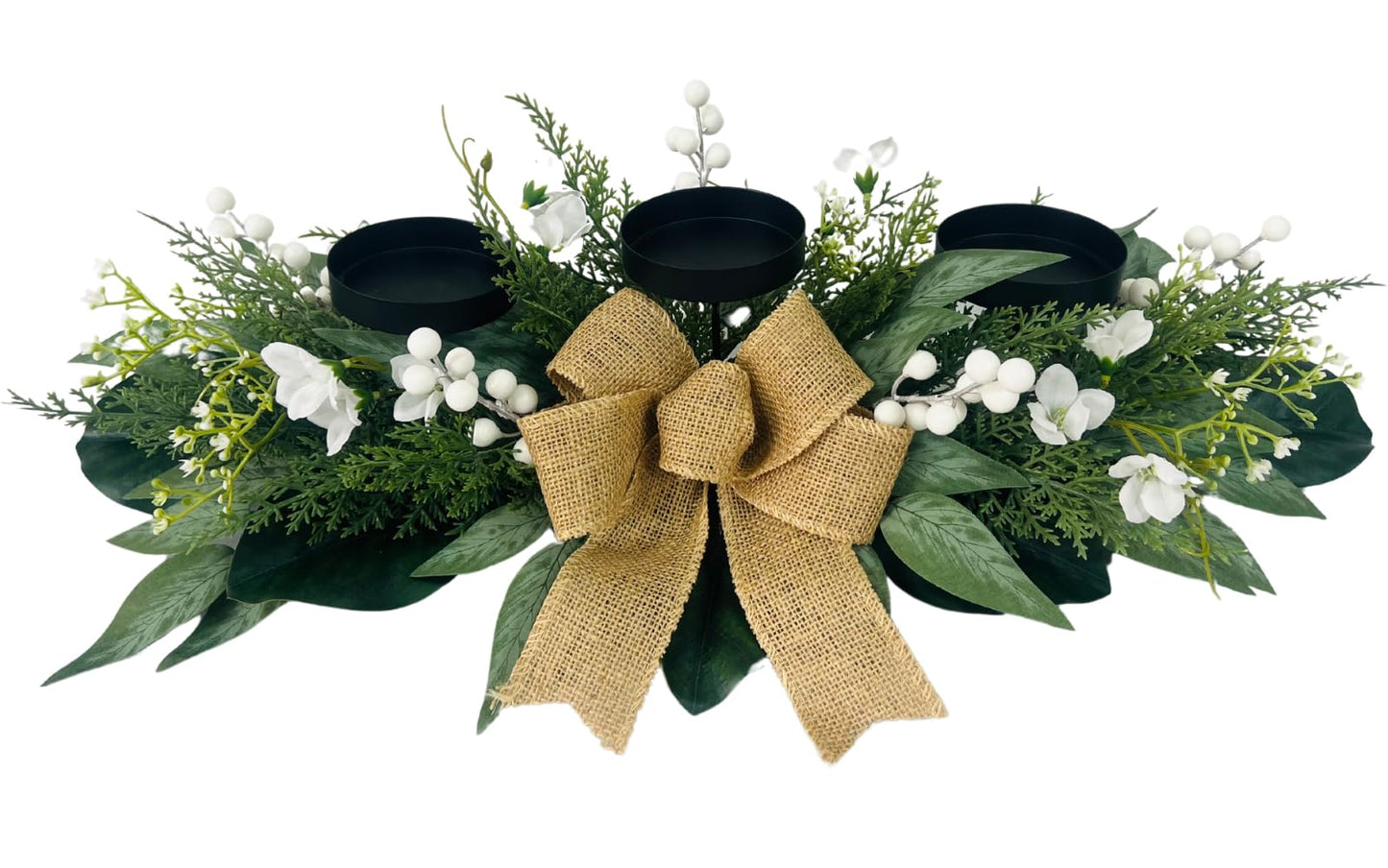 Svndlyn Candle Holders Centerpiece for Dining Table, 3 Wick Holder with Artificial Gypsophila,Magnolia,Holly Berries - Elegant Floral Arrangement for Seasonal Home Decor Table Centerpiece