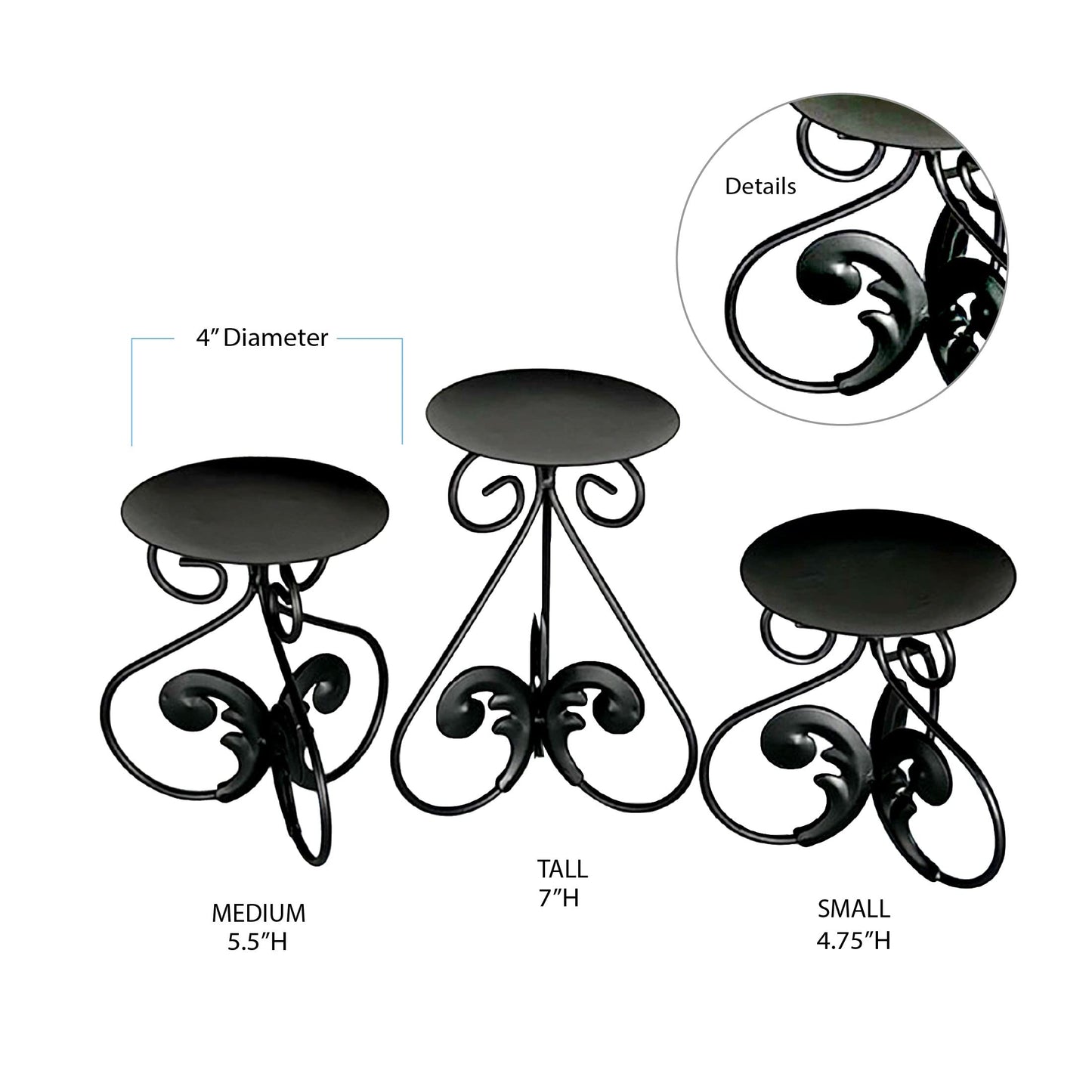 Lily’s Home Elegant Scrollwork Fleur De Lis Pillar Candle Holders, Wax & LED Candle Stands, Black, Set of 3. Candles Not Included