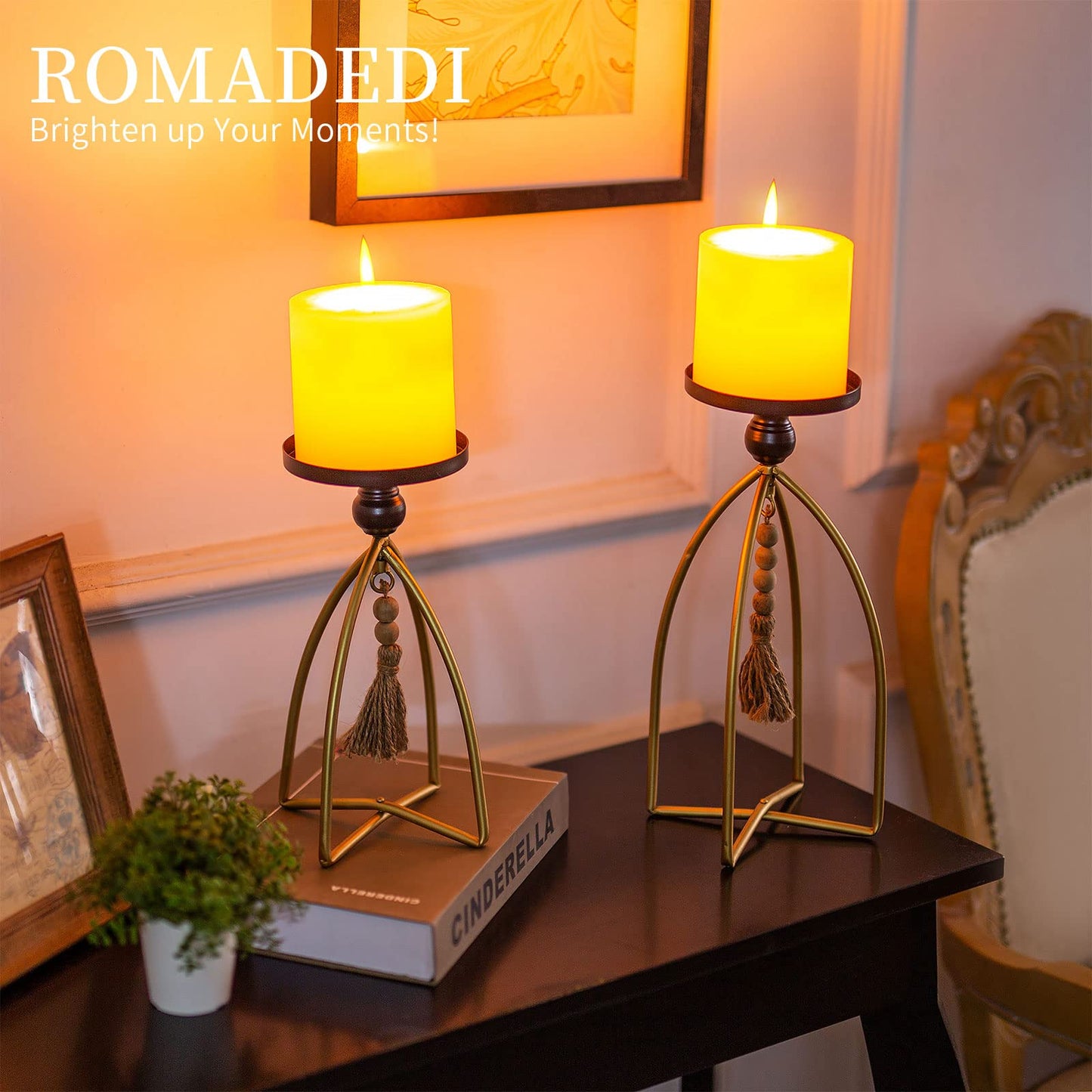 Romadedi Candle Holder Boho Decor - Set of 2 Metal Pillar Candle Stand with Beads for Living Room Mantle Shelf Farmhouse Table Centerpiece for Rustic Chic Home Decoration