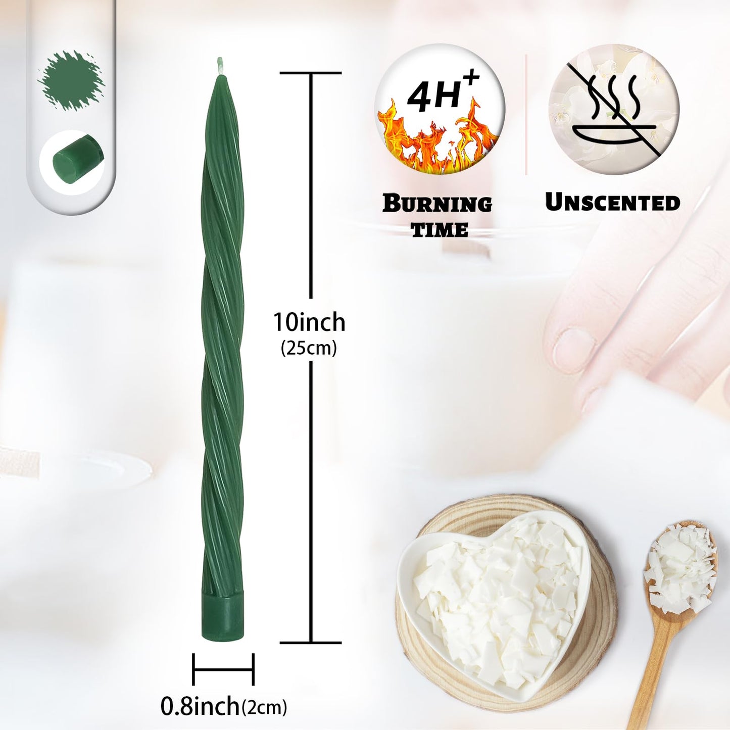 Handmade Unscented Long Spiral Taper Candle Dark Green 10 Inch Smokeless Tall Twisted Candlesticks Elegant Design for Home Weddings Festive Seasons Décor