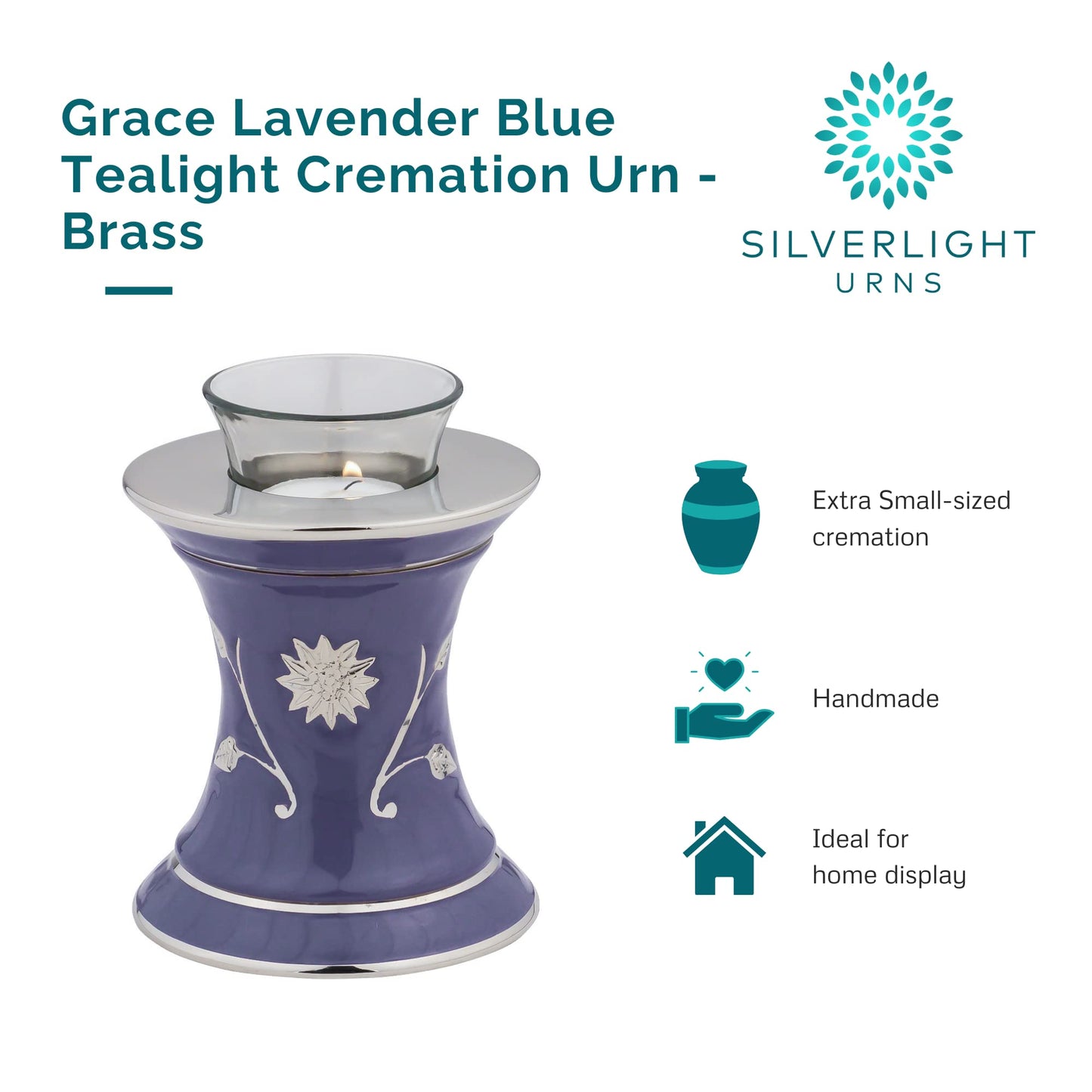 Grace Lavender Blue Tealight Cremation Urn for Ashes, Brass Memorial Candle, Purple and Silver, Extra Small Sized Cremation Urn, 5.5 Inches High