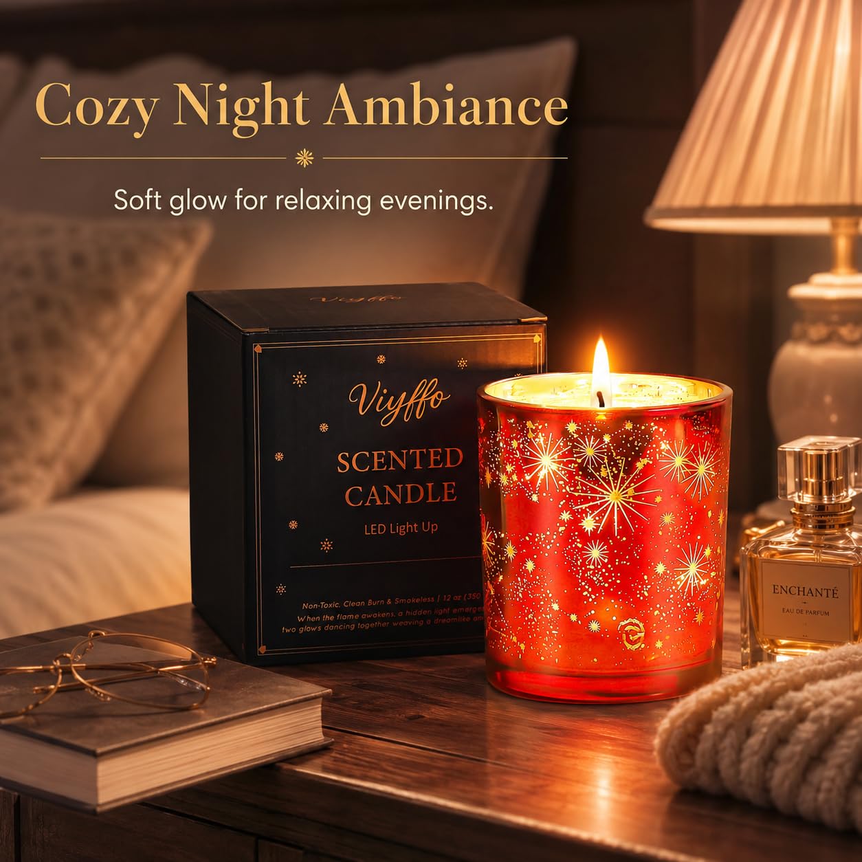 Viyffo 12oz LED Light Up Scented Candle, Lavender & Eucalyptus Soy Candle, Decorative Red Glass Jar Candle, Non Toxic Home Fragrance Candle, Gift for Women, Bedroom, Bathroom & Living Room