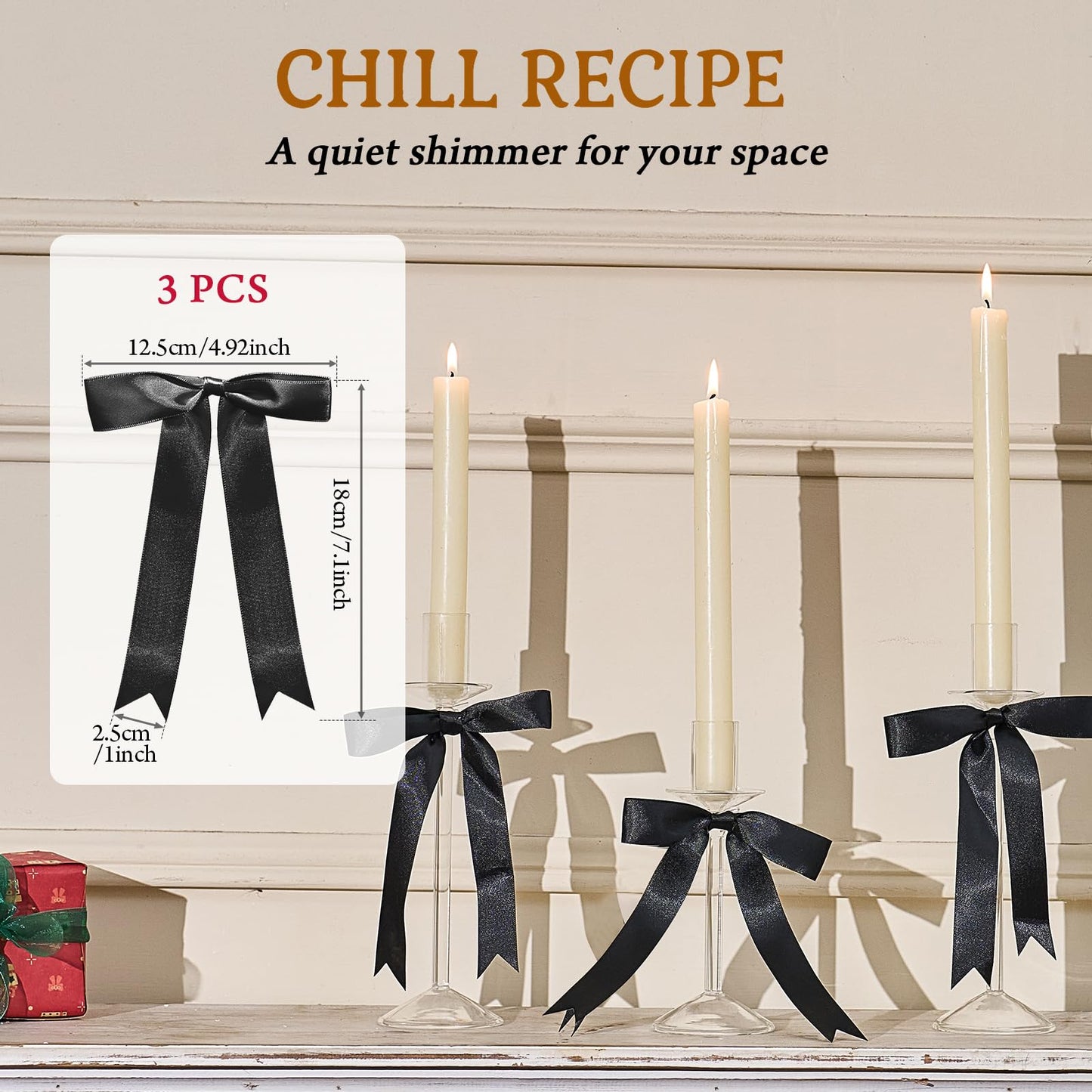 CHILL RECIPE Bow Candle Holder Glass Taper Candlestick Holders with Built-in Candle Drip Protectors Bows Decor for Table Centerpiece Wedding Party Halloween(Black)
