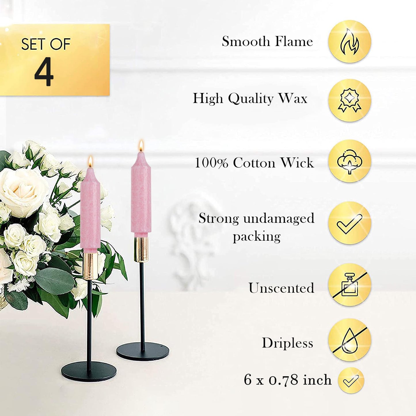 LPUSA Pink Crystal Short Taper Candle Sticks Dripless Tapered Candles for for Holiday Wedding Party Wax Unscented Dinner 6 inch Set of 4