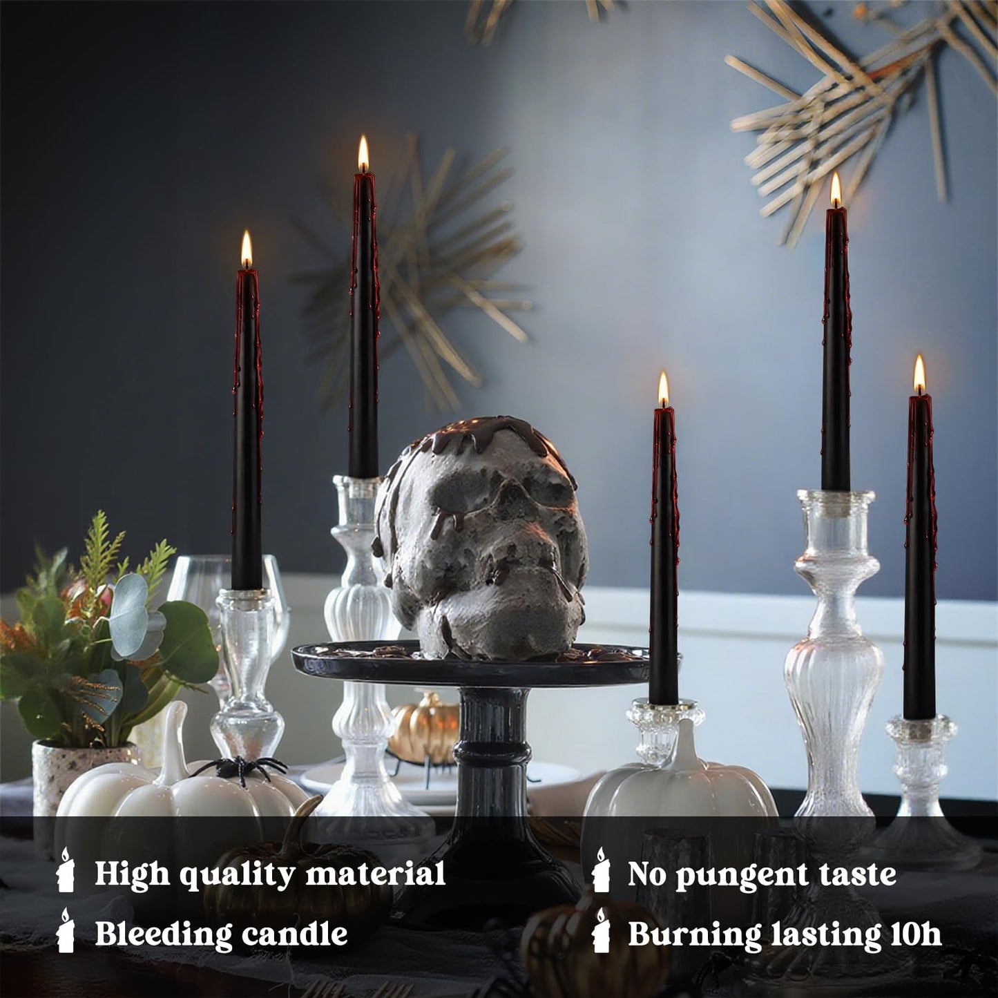 24 Pack Vampire Tears Taper Candles, 10 inch Tall Bleeding Candles, Unscented Black Tapered Candlesticks, Spooky Blood Drip Candle Set for Halloween Party Gothic Home Decorations
