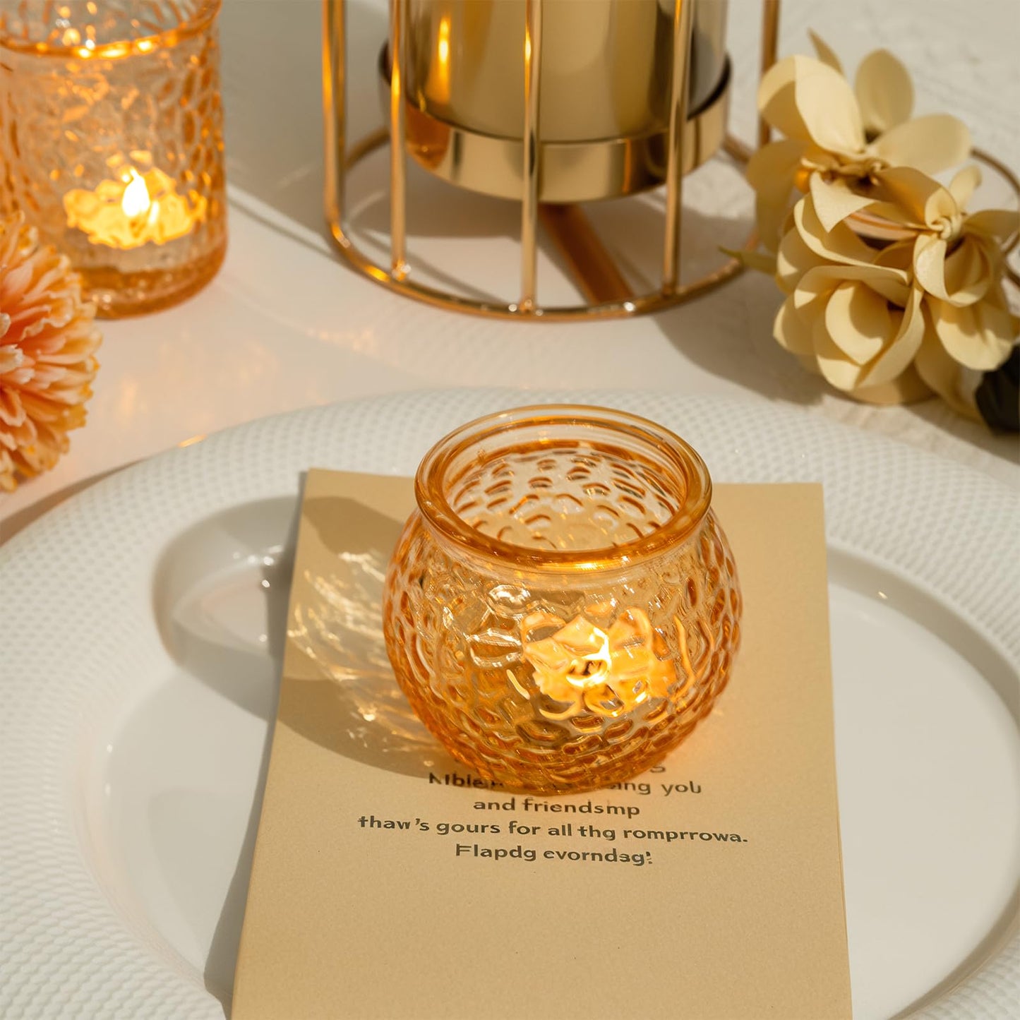 24-Piece Gold Glass Votive Candle Holders Set – Tealight Candle Holder Glass Bulk with 12 Round & 12 Hammered Textured Cups, Gold Votive Candle Holders for Weddings, Parties, Home