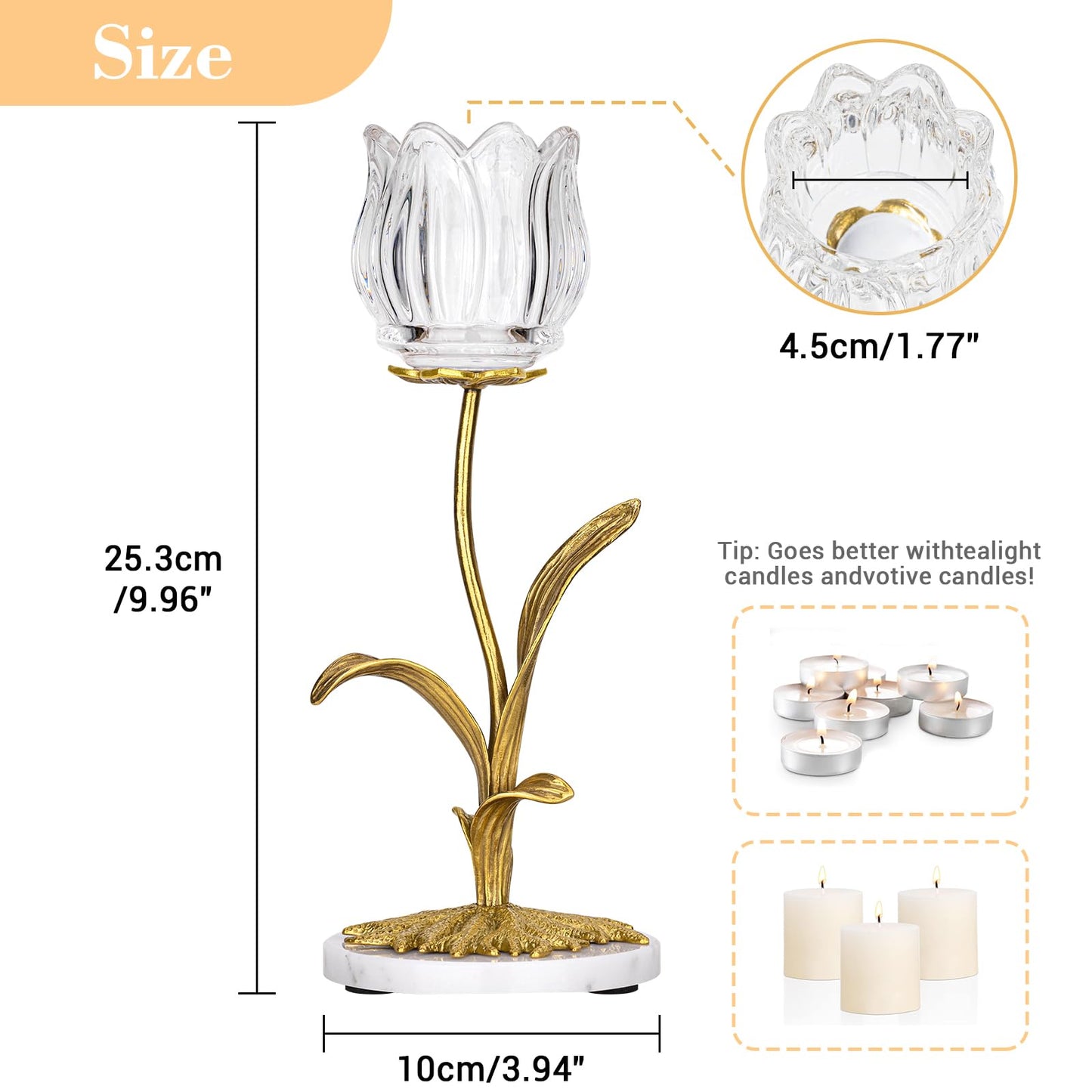 Anpdasi Candle Holder, Cut Rose Shaped Brass Candle Holder High-end Light Luxury Creative Art Crystal Glass Flower Candle Sticks Holder Decor Marble Disc Base Romantic Ambiance Table Decoration