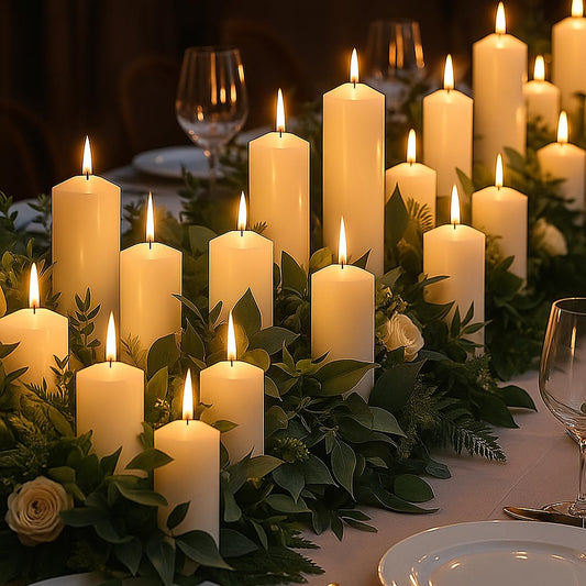 Veiuwa 72 Pack Ivory Pillar Candles Bulk Set, 2x3 2x6 2x8 Inch - 24 Each Size, Dripless Smokeless Clean Burning for Wedding Centerpieces, Home Decor, Church, Romantic Ambiance！