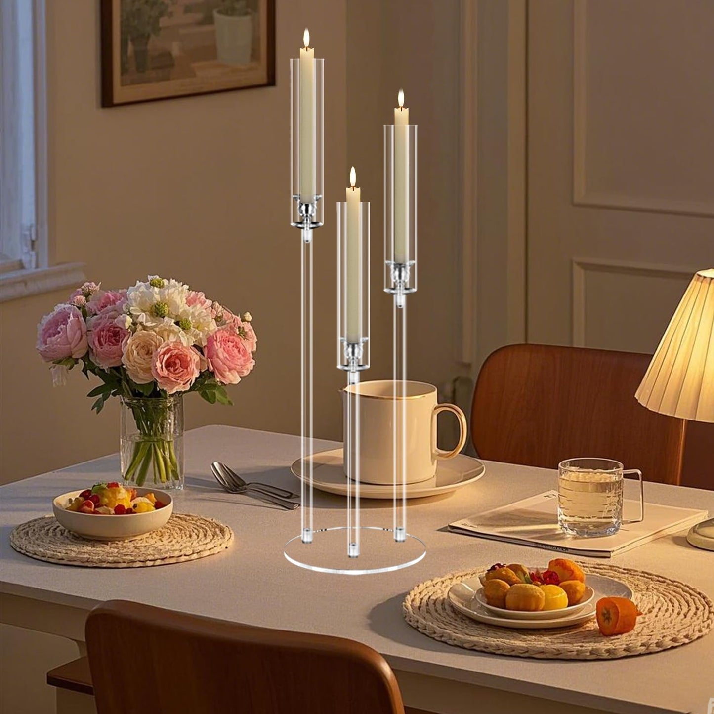 6 Set 3 Arms Acrylic Candelabras with Shades,31" Candelabra Centerpieces for Wedding Decorations,Clear Candle Holder for Table Decoration,Dinner Party,Candlesticks Holder Fits 0.87“LED Candle
