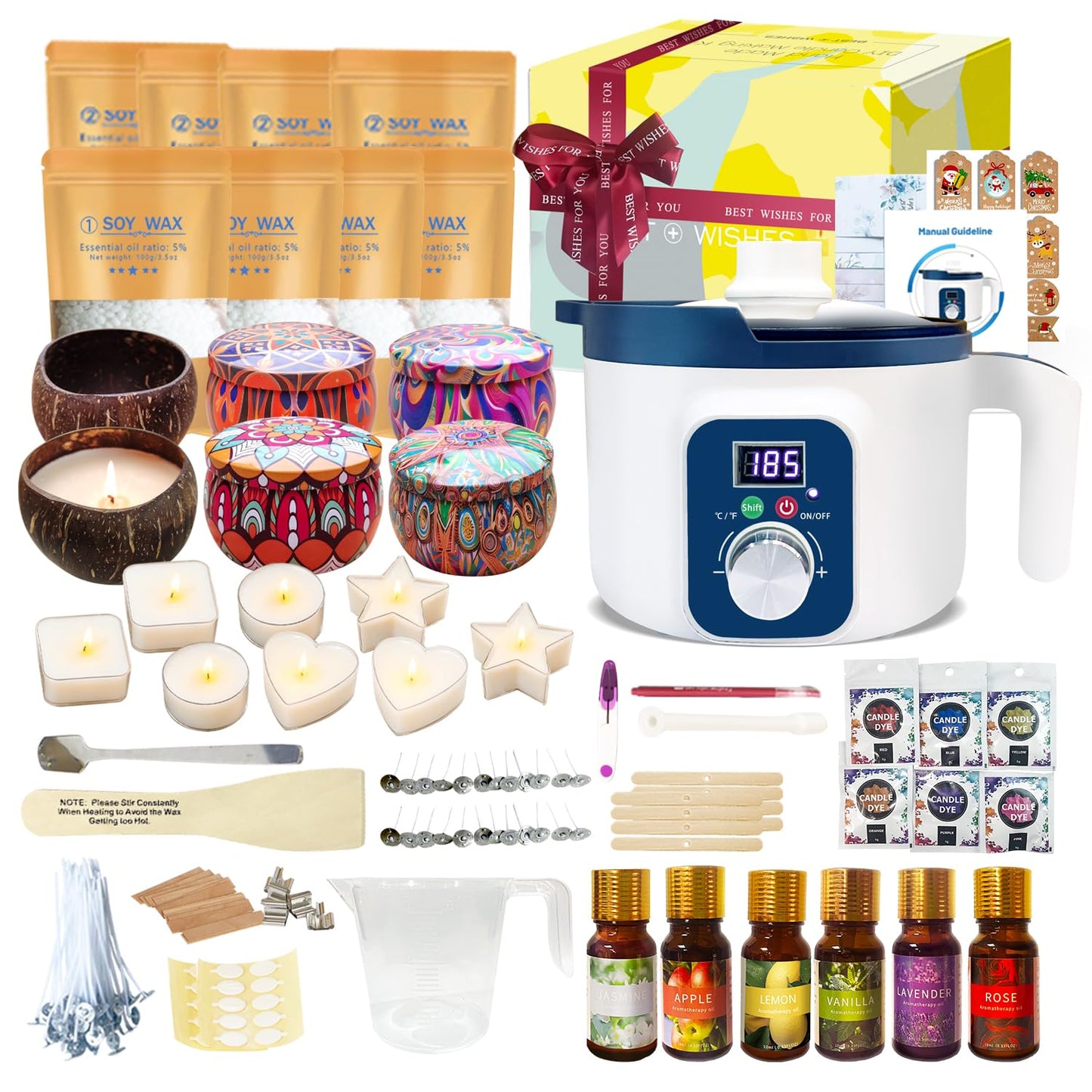 Handnatur Digital Candle Making Kit for Adults with Wax Melting Pot, 6 Candle Jars & Tealight Cups, DIY Wax Melts Kit for Beginners & Pros