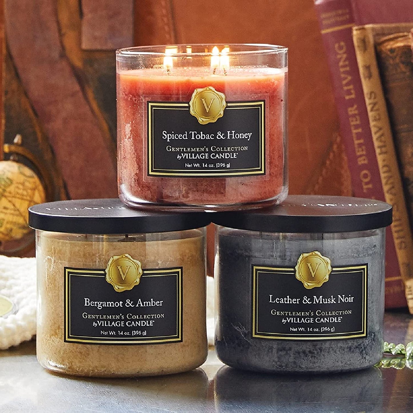 Village Candle Bergamot & Amber Glass 3-Wick Bowl, Scented Candle, 14 oz., Brown