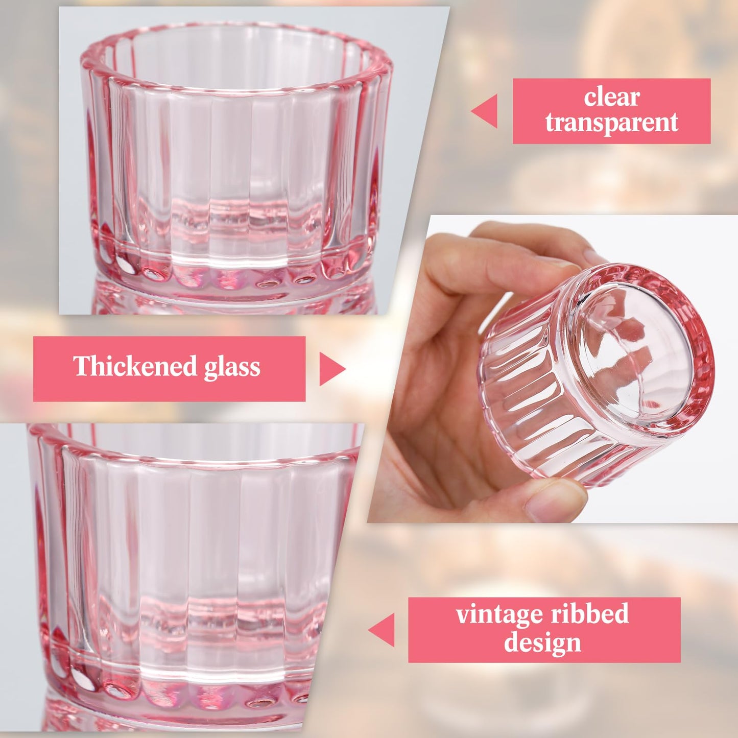 Mumufy 50 Pcs Glass Tealight Candle Holder Ribbed Votive Candle Holder for Centerpiece Wedding Proposal Spa Aromatherapy Meditation Home Decor (Pink)