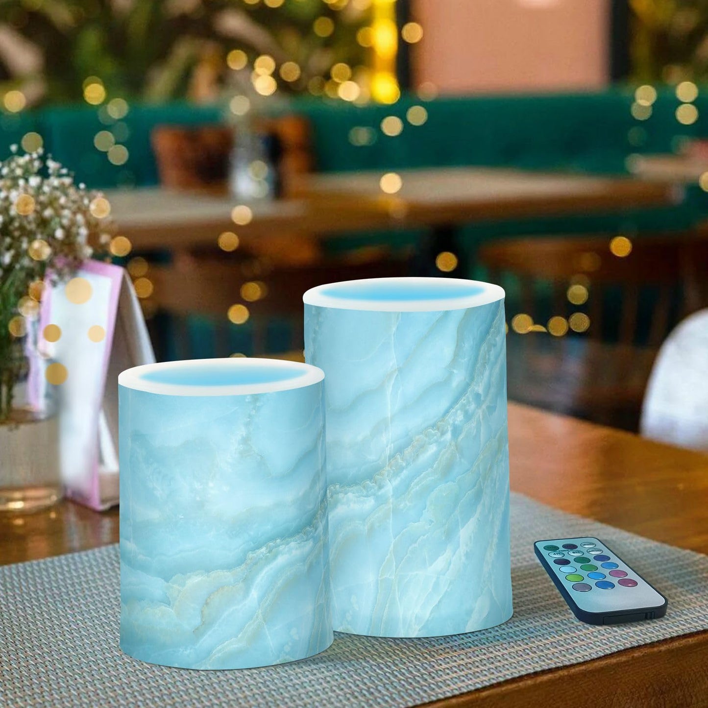 Eionryn Aqua Marble Texture Flameless Candles Nature Stone Blue Veins Battery Operated LED Candles with Remote Timer Electric Candles for Home Party Decor 2pcs