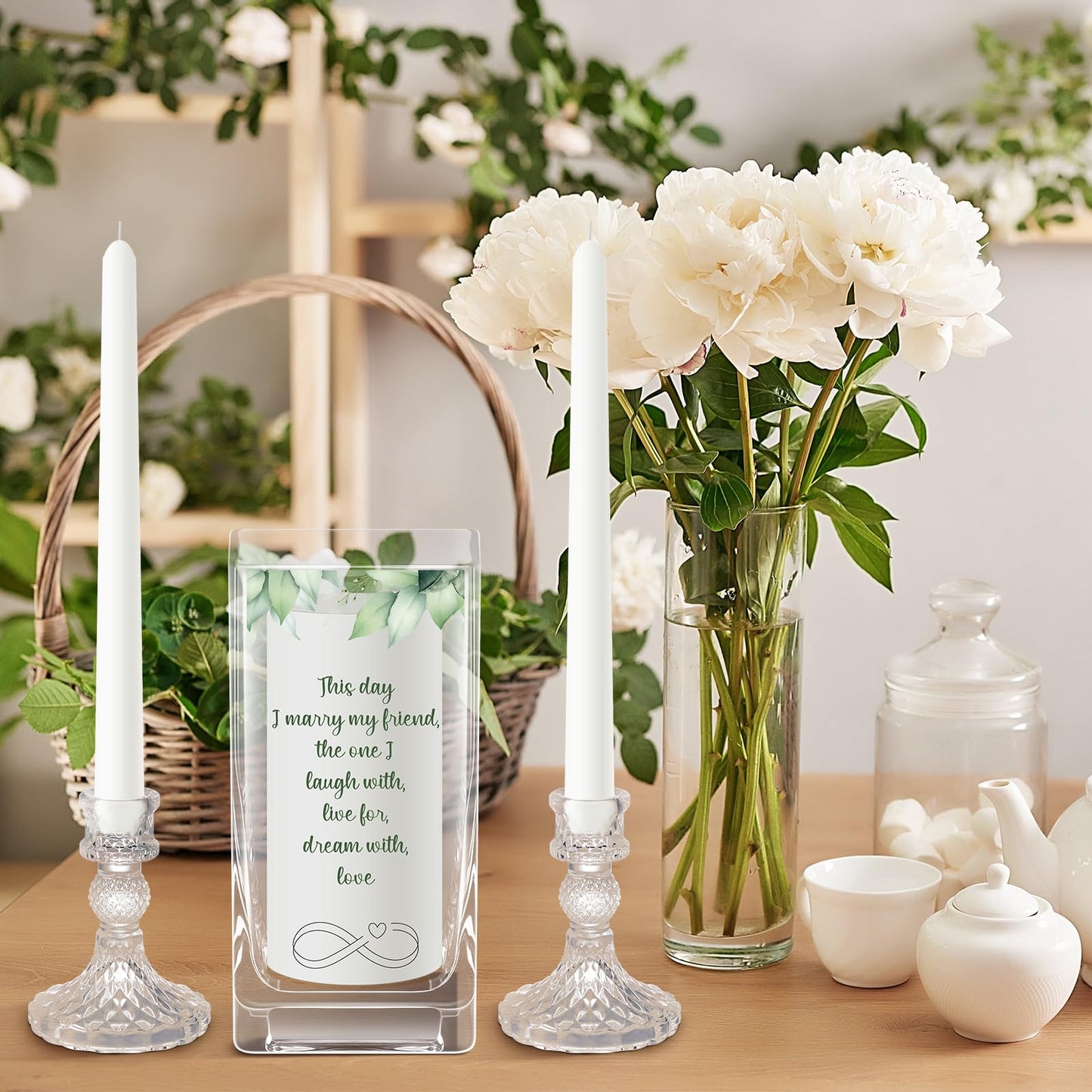FoldTier Unity Candles with Holder for Wedding Ceremony Set 1 6" Pillar 2 9.8'' Taper Candles 3 Candlestick for Religious Formal Events Church(Green Leaf)