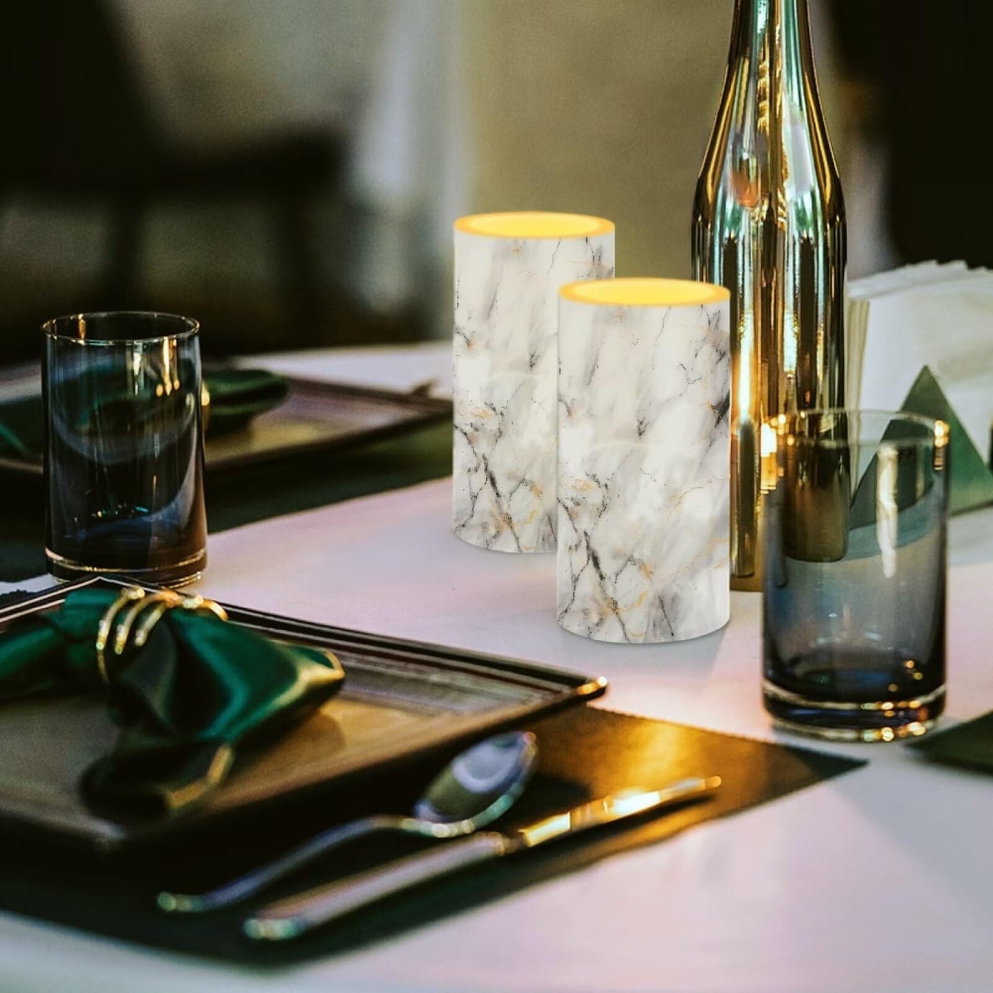 NETILGEN Flameless Candles LED Candles Electric Pillar Candles with Remote Timer Control Long Lasting for Indoor Outdoor Table Centerpiece Home Decoration Set of 2, White Grey Marble