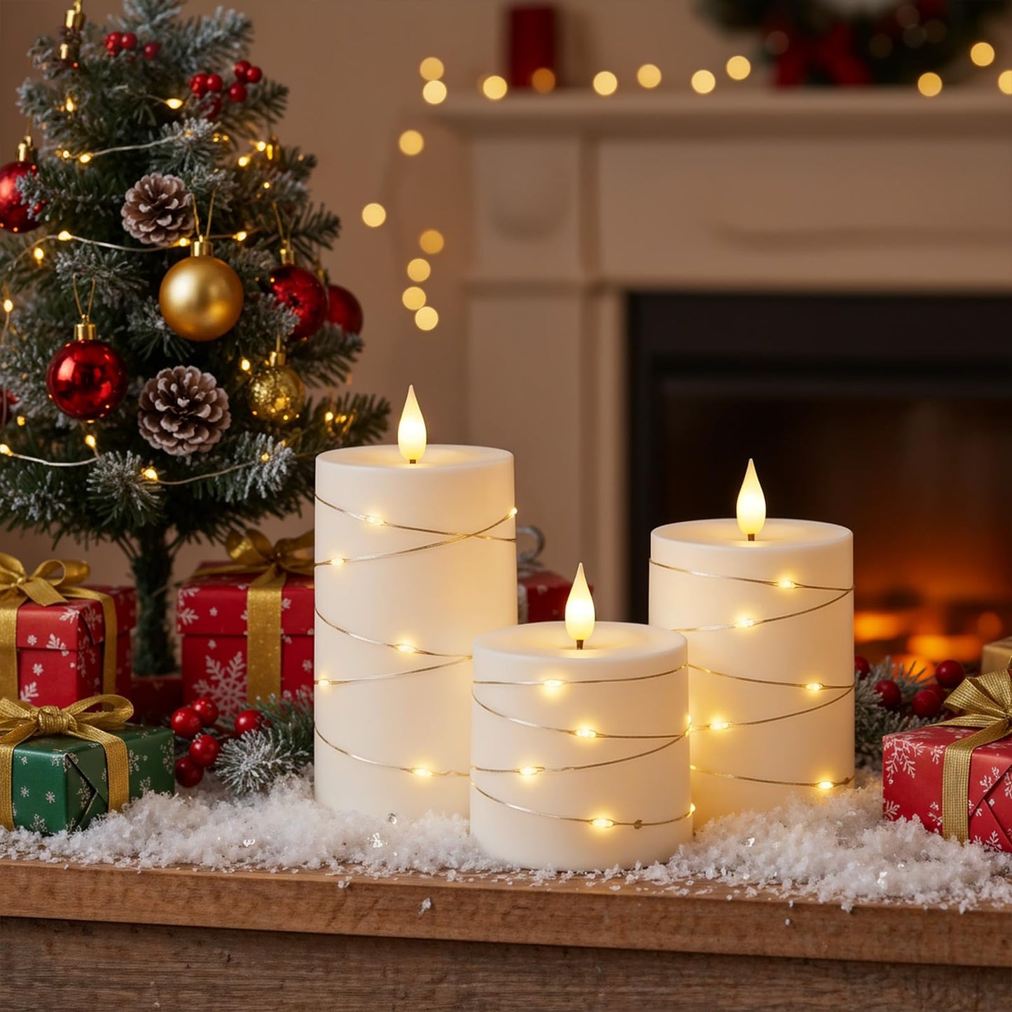 Raycare Flameless Candles with Remote Timer, Flickering Battery Operated LED Pillar Fake Candle with String Lights for Home Decor, Christmas, Wedding and Gift, White, Set of 3